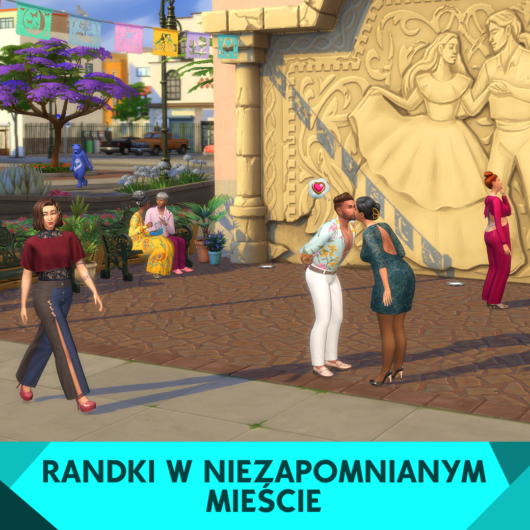 Scena z Simsami z dwiema całującymi się osobami. Tło z budynkami i innymi ludźmi.