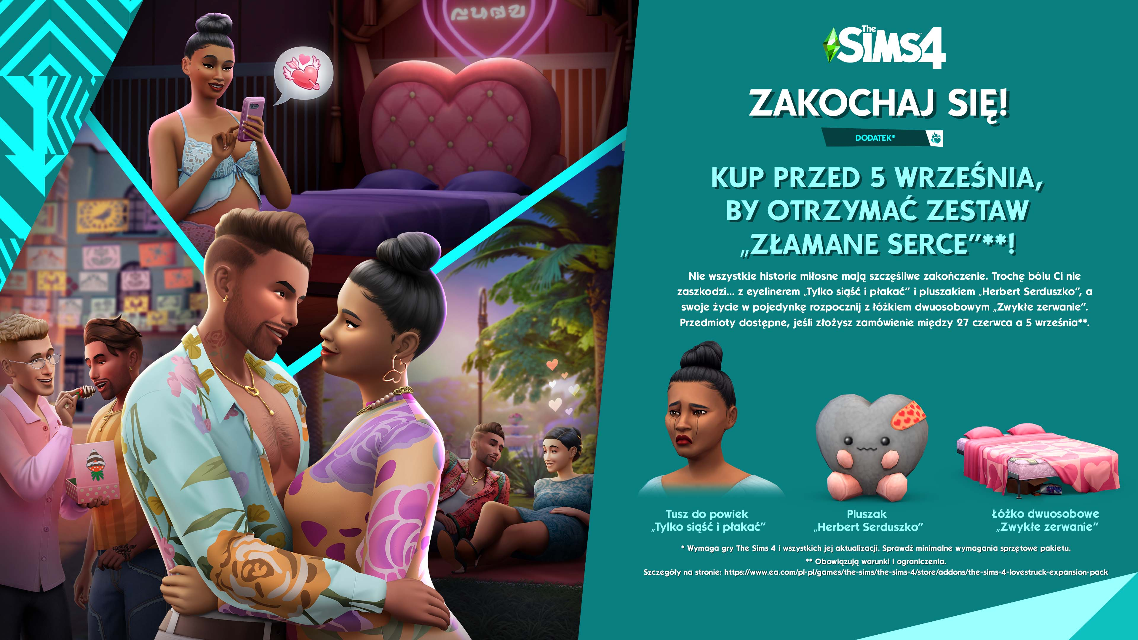Reklama Sims 4, obejmująca się para i postacie z tekstem po polsku, grafika promocyjna.