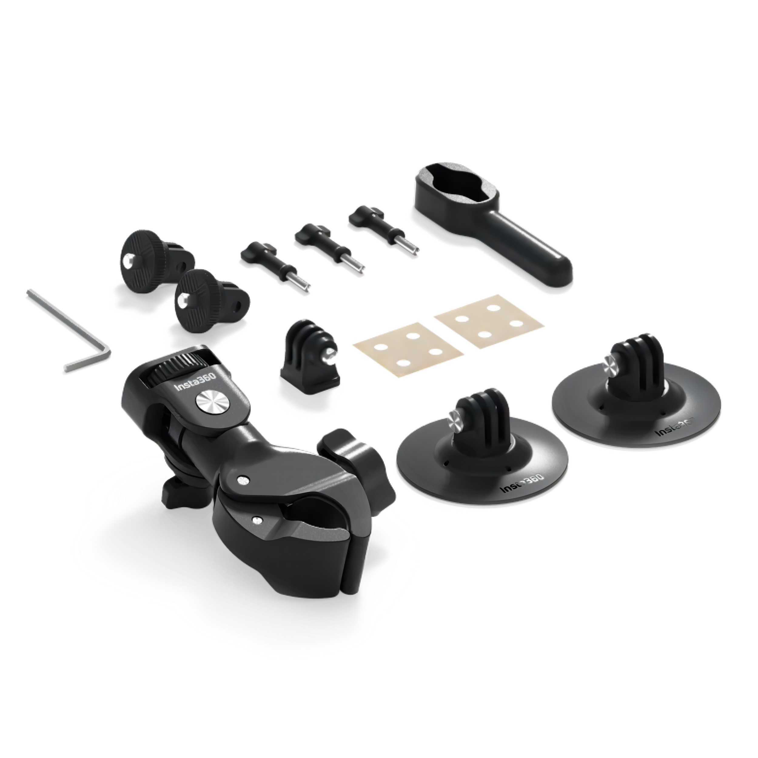Insta360 Kamera Zubehör: Halterungen, Schrauben und Schraubenschlüssel.