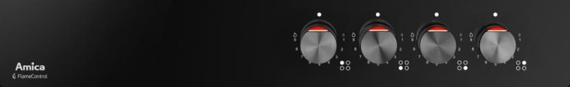 Czarny panel sterowania piekarnika z czterema srebrnymi pokrętłami. Logo Amica po lewej.
