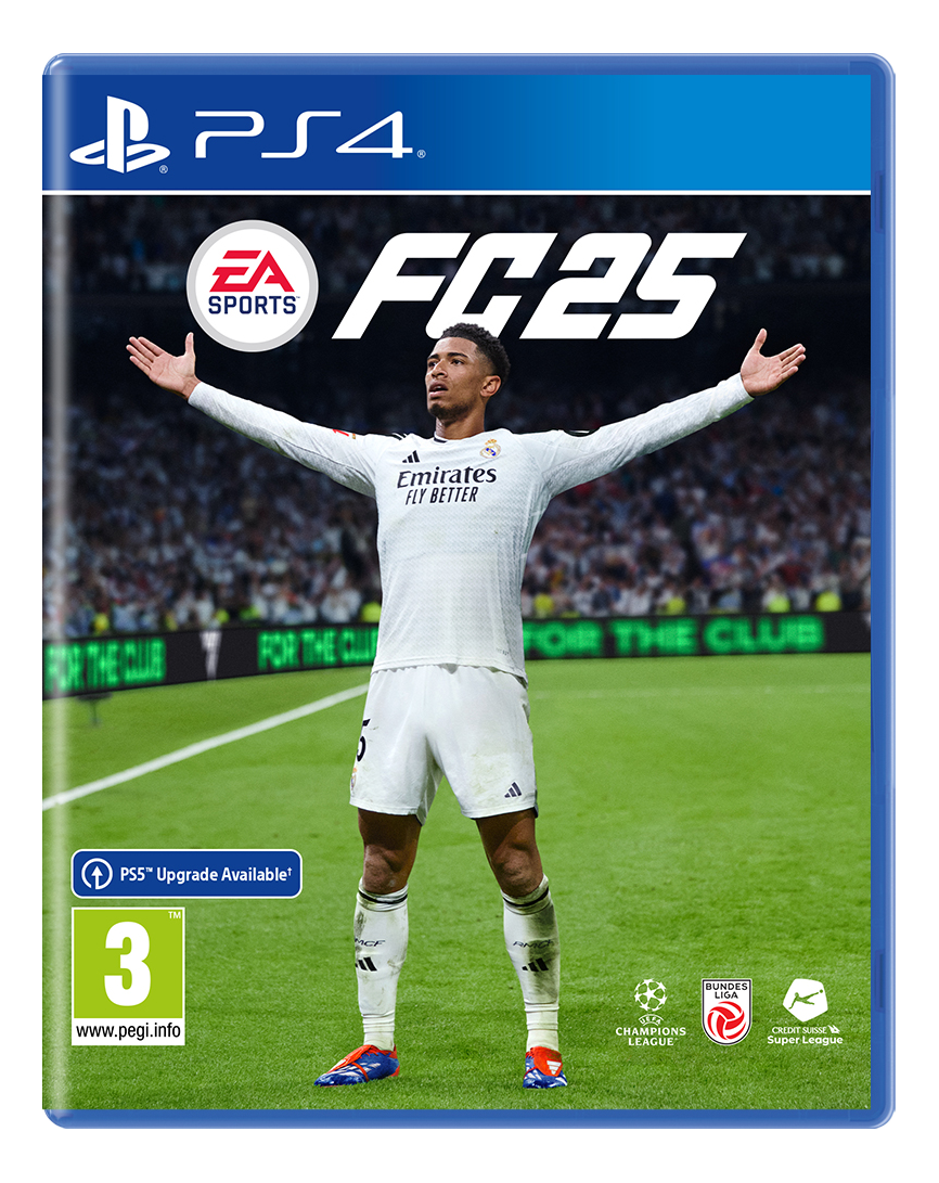 Copertina del gioco PS4: Giocatore di calcio con le braccia alzate, titolo 'EA SPORTS FC 25' e loghi.