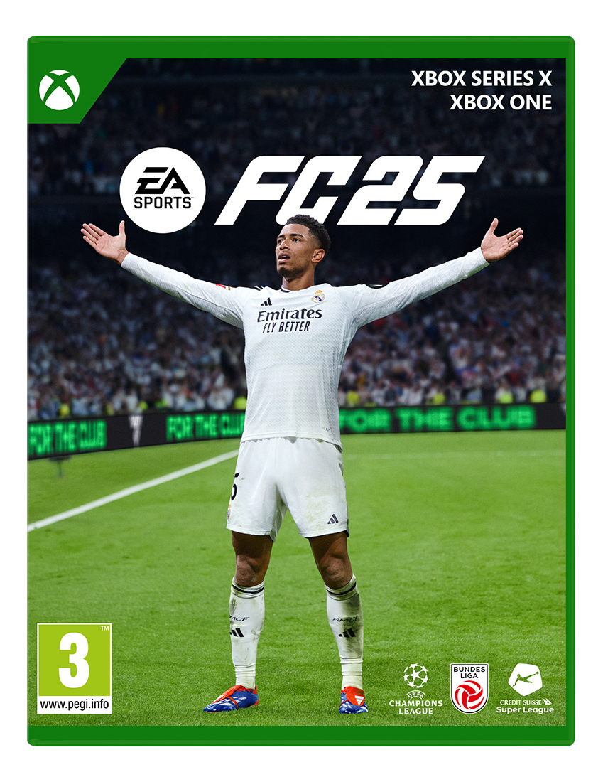 Couverture du jeu FC25. Un joueur de foot les bras tendus sur fond de stade.