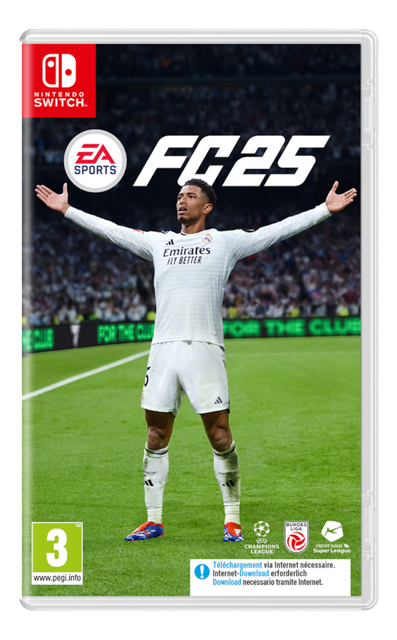 Scatola gioco Switch per FC25 con calciatore in bianco e sfondo campo verde.