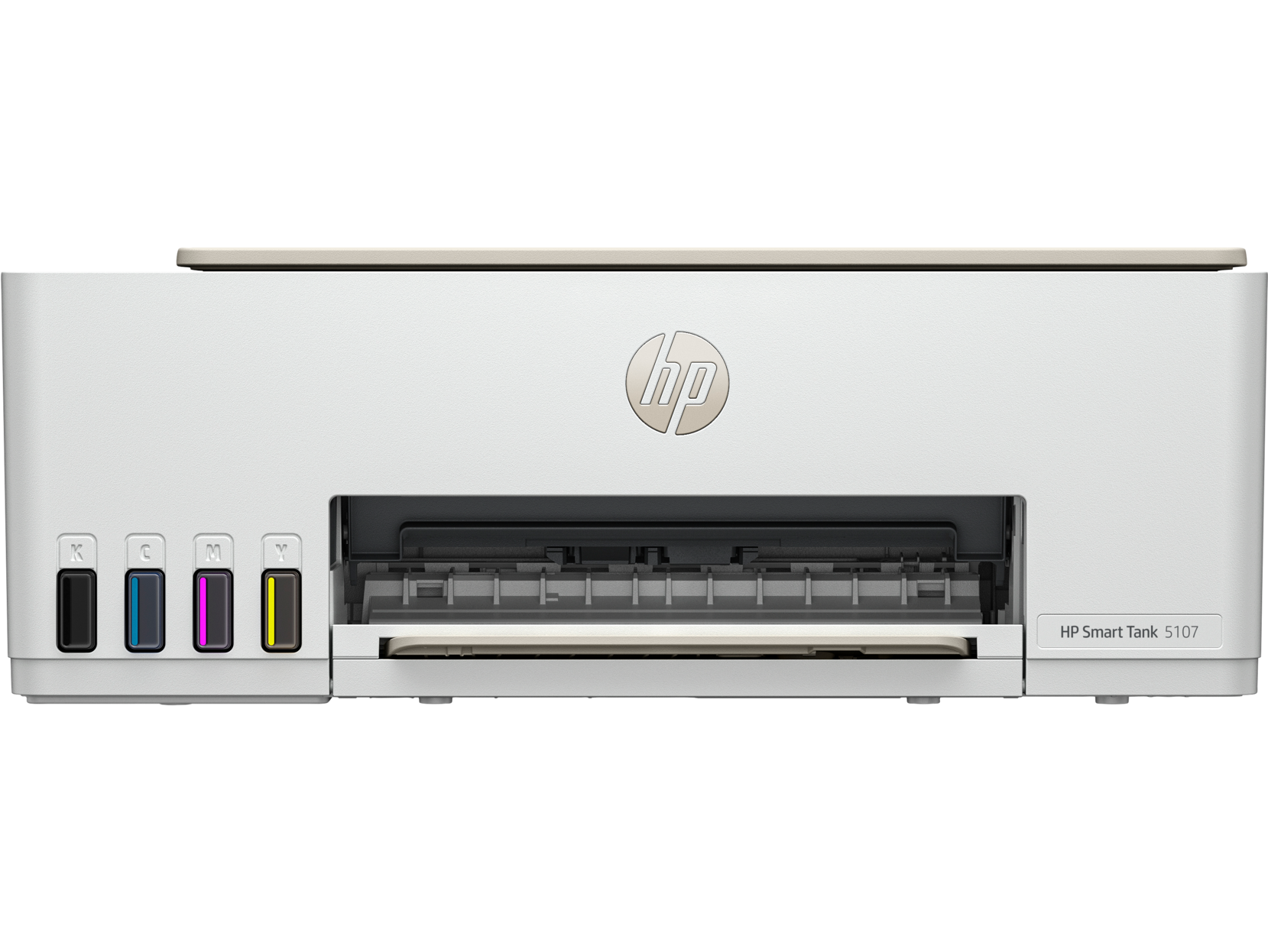 Una impresora HP blanca con depósitos de tinta. La impresora tiene cuatro depósitos de tinta y el logotipo de HP en el centro.