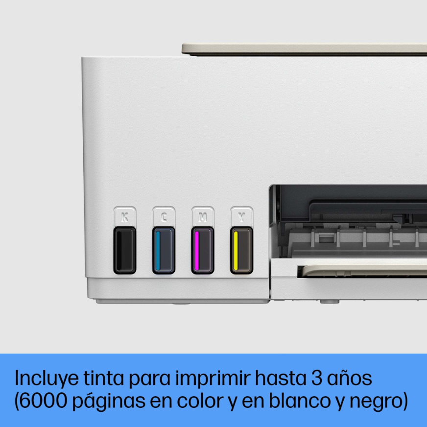 Primer plano de impresora HP mostrando cartuchos de tinta en K, C, M, Y.