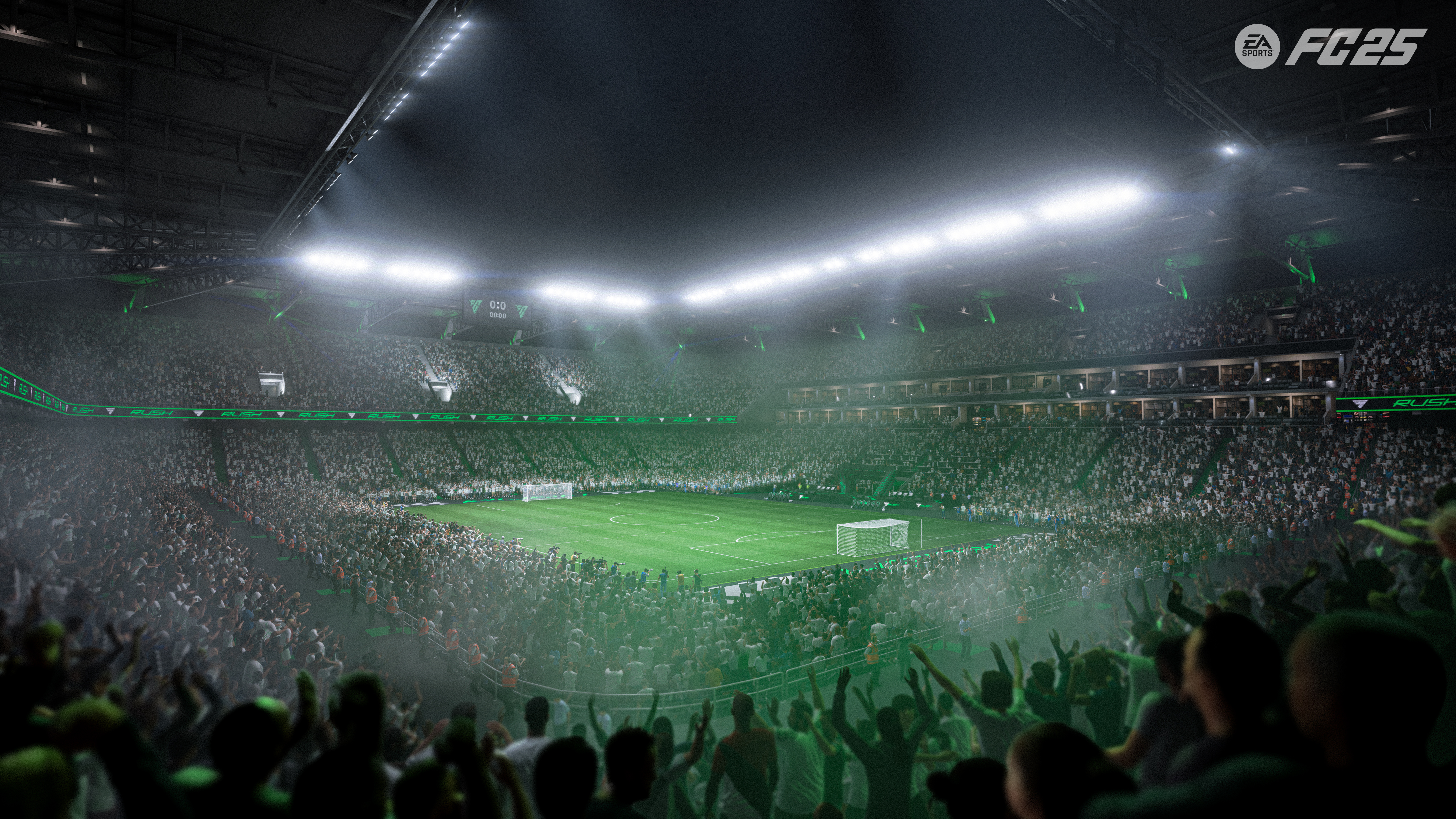 Une vue grand angle d'un stade de football rempli de spectateurs, éclairé par des projecteurs brillants et un terrain vert.