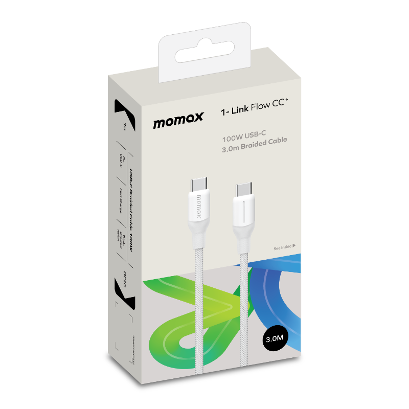 Kablo ve metin içeren beyaz ve gri USB-C örgülü kablo kutusu.