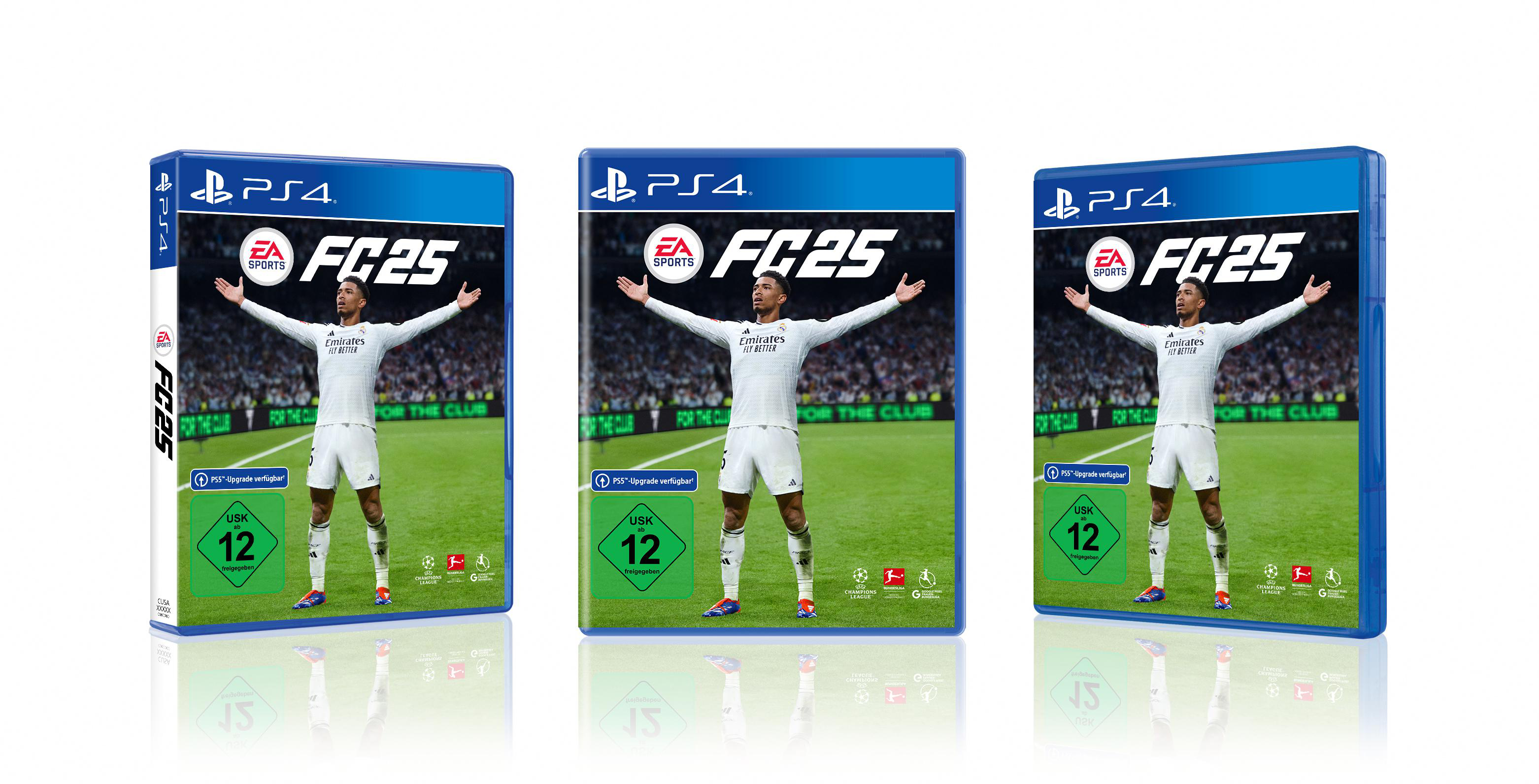 Drei Spielboxen für 'FC25' mit einem Fußballspieler auf grünem Feld, mit blauem Gehäuse.