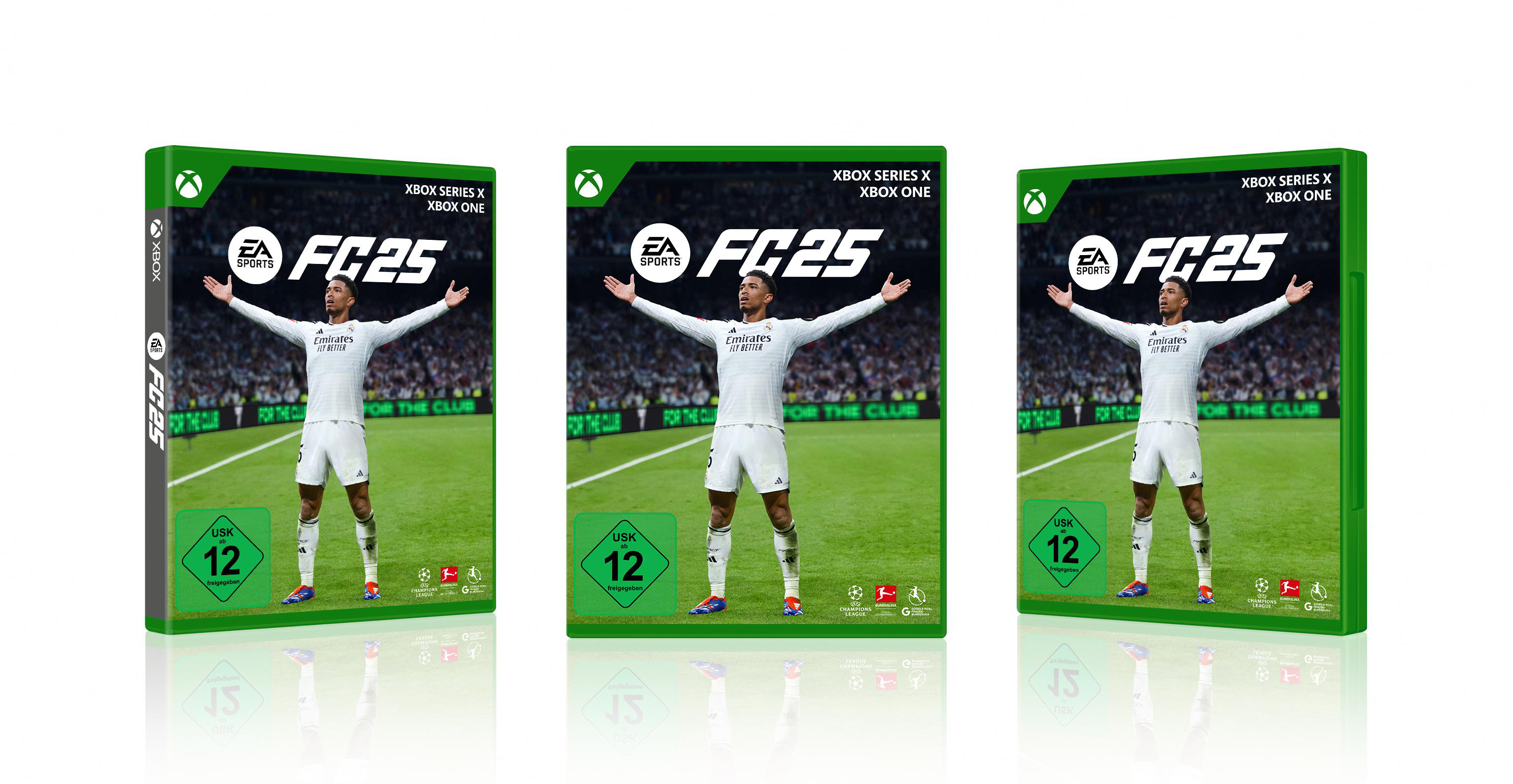 Drei Videospielboxen für FC25, mit einem Mann mit ausgestreckten Armen.