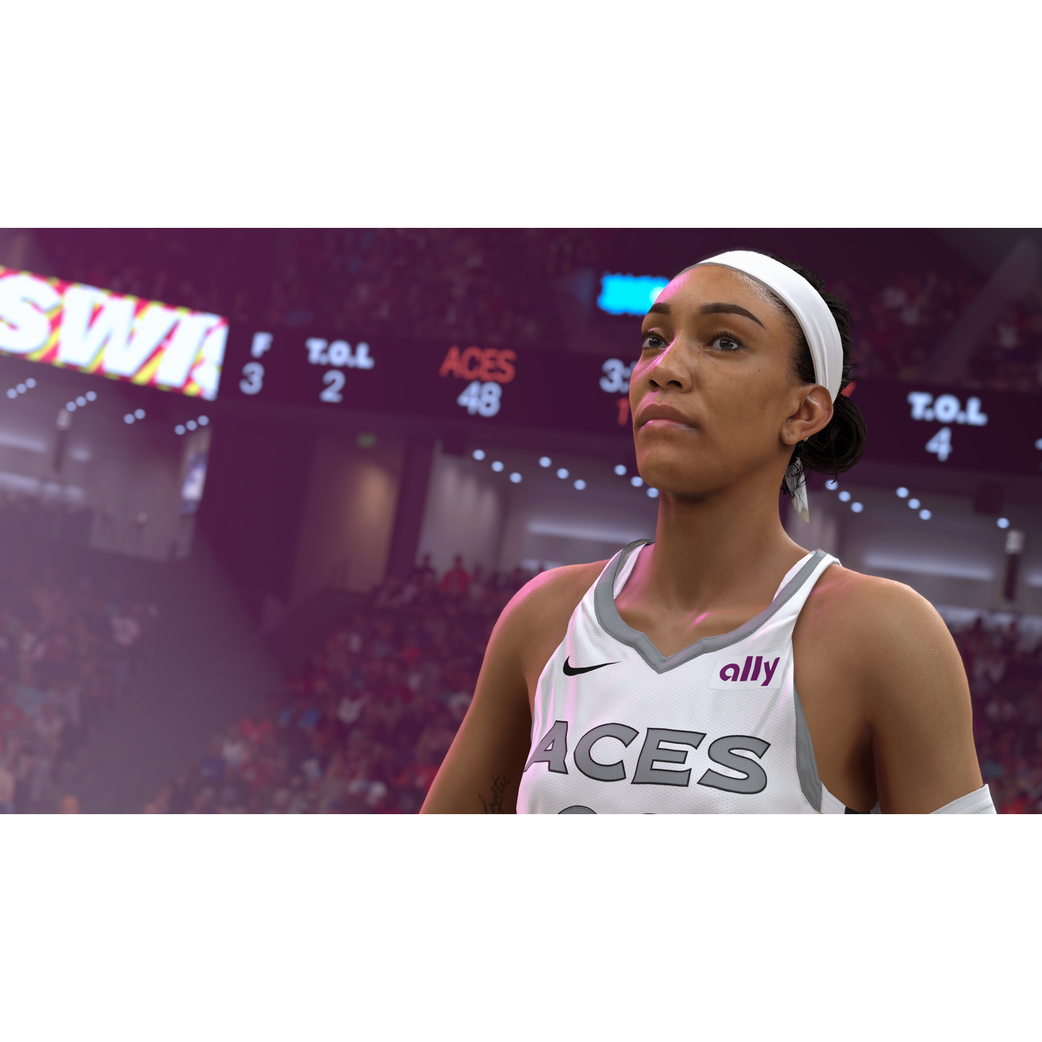 Basketballer in wit shirt met 'ACES', kijkt omhoog. Publiek en lichten op de achtergrond.