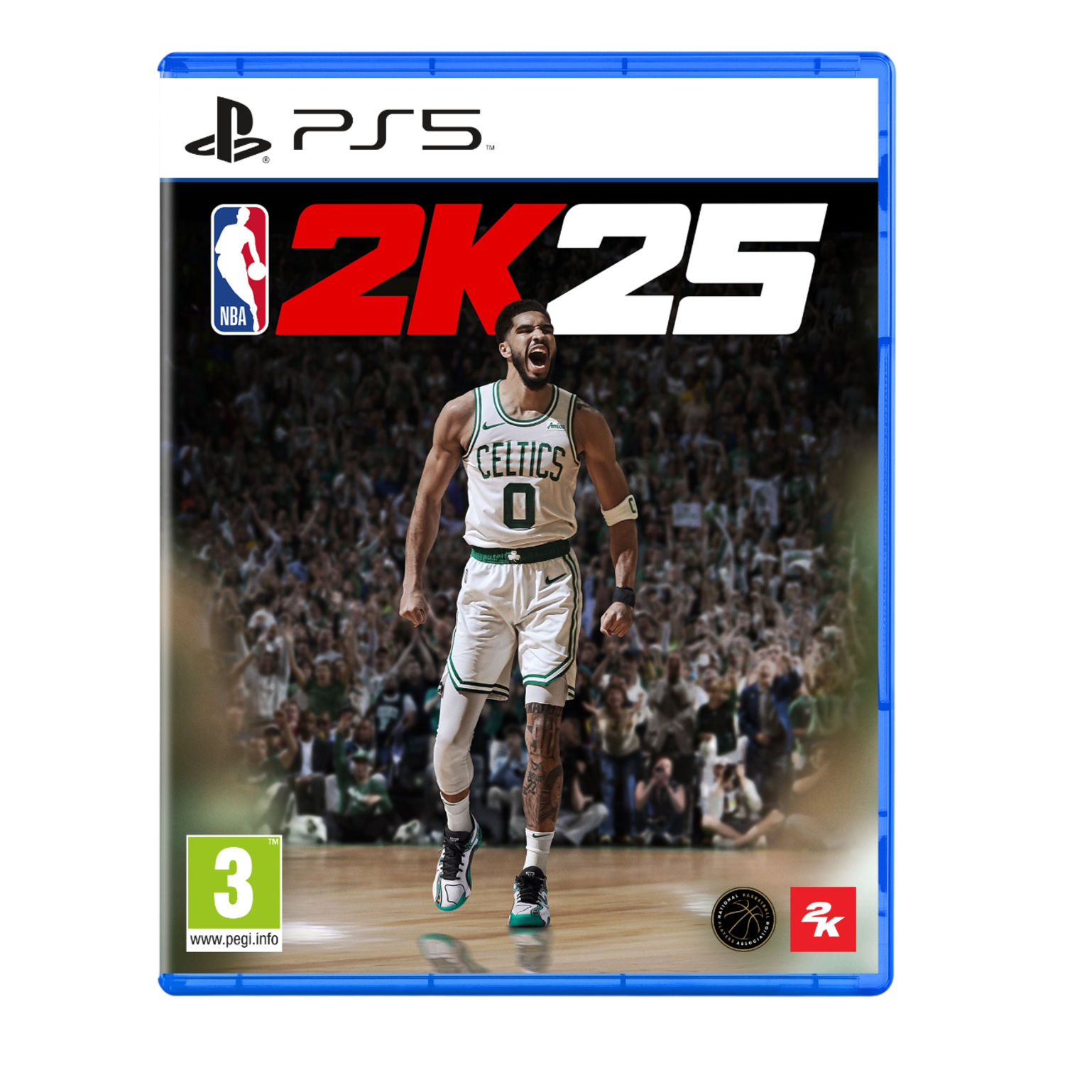 NBA 2K25 gamebox met een basketbalspeler. De titel staat bovenaan in wit en rood.