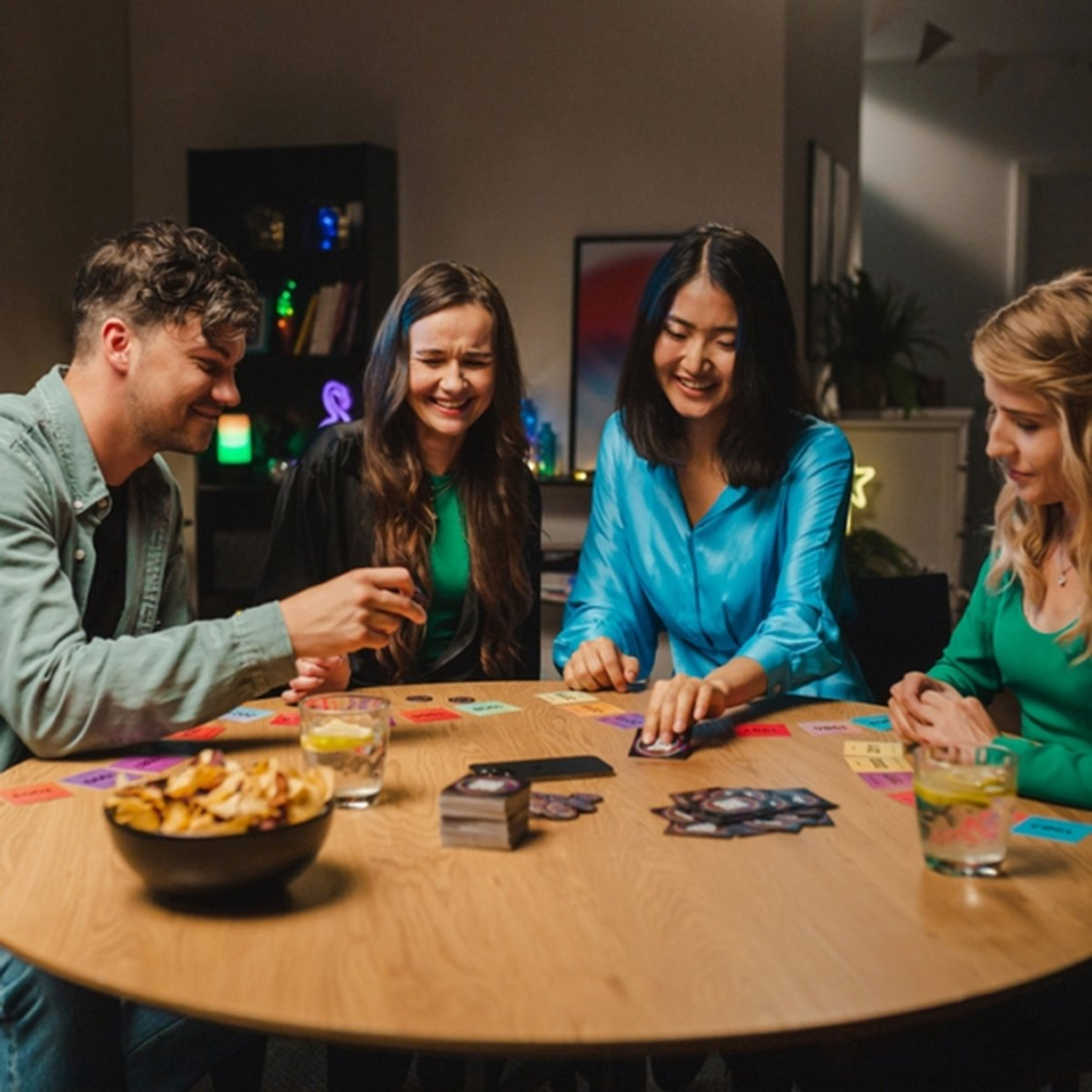 Vier mensen spelen een kaartspel, lachen, met snacks en drankjes.