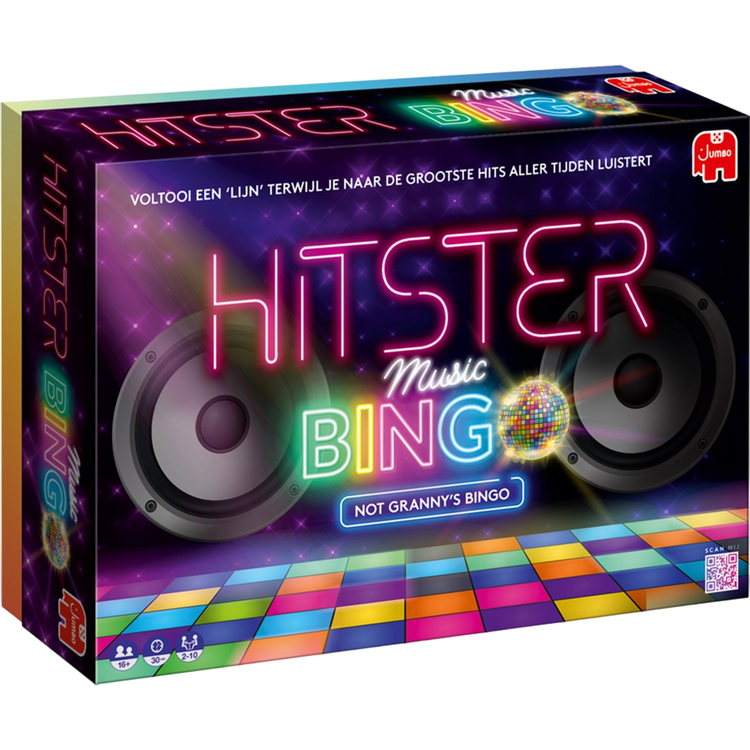 Hitster Music Bingo speldoos met luidsprekers, discobal. Kleurrijke achtergrond.
