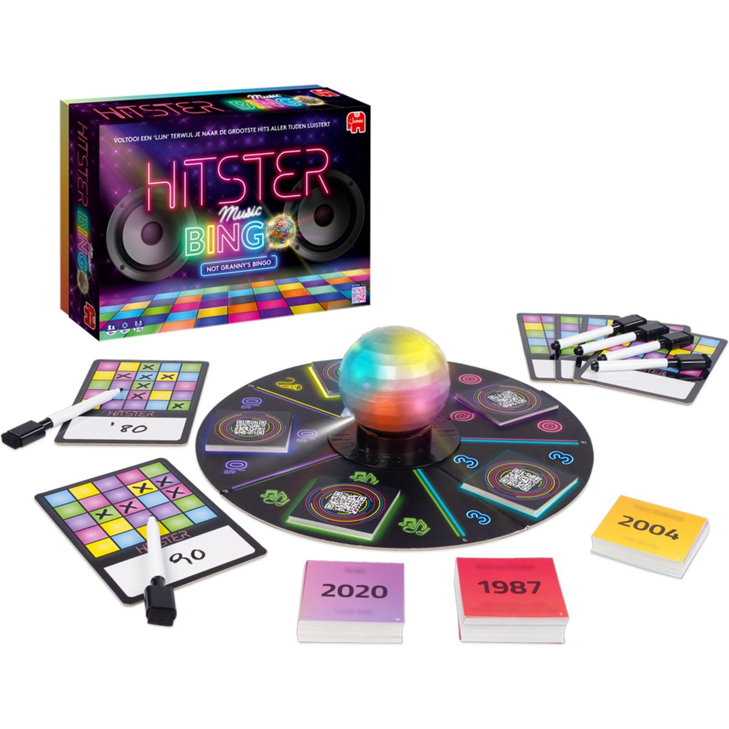 Hitster Music Bingo-spelset met doos, spelbord, kaarten en een draaiende bal.