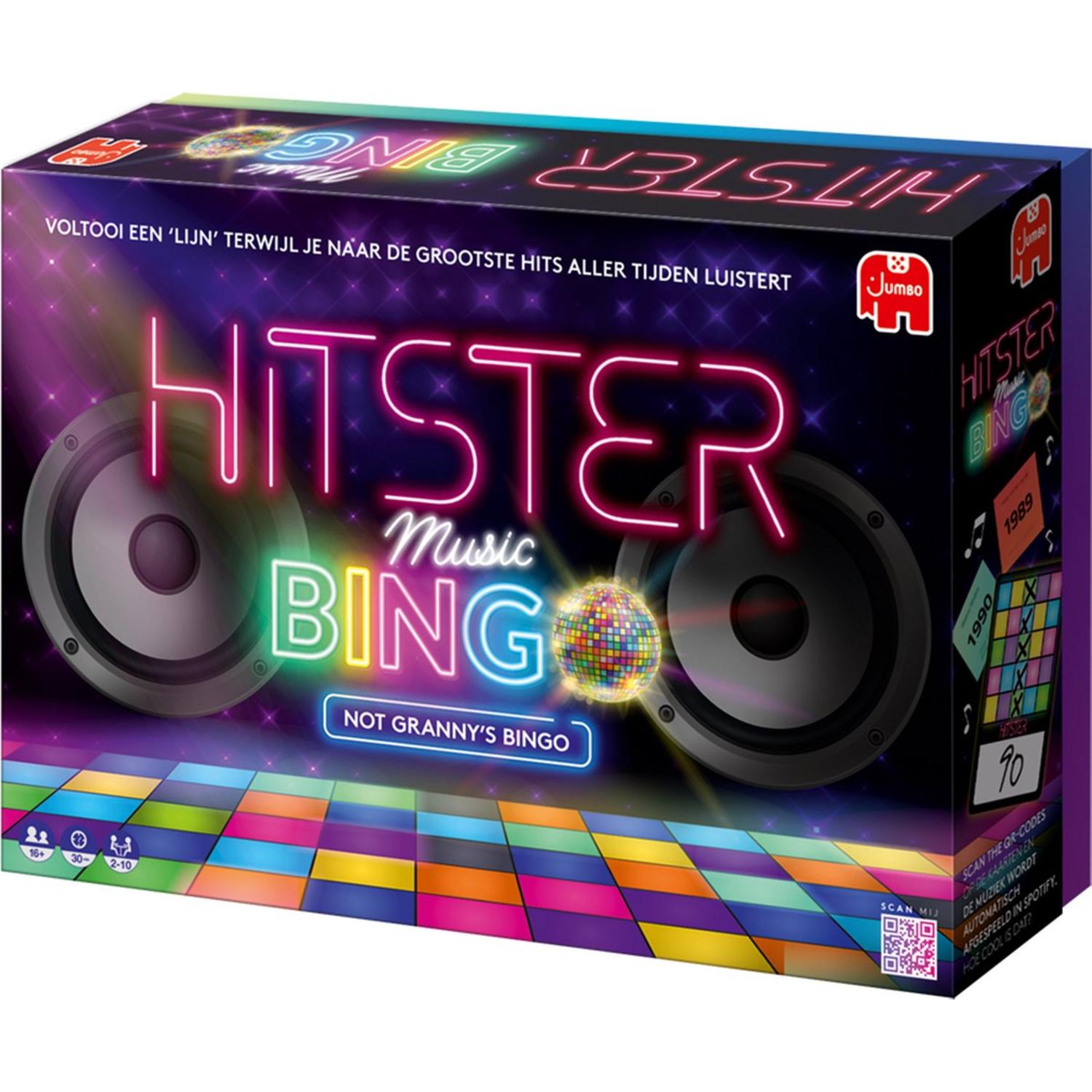 Hitster Music Bingo speldoos. Met luidsprekers, discobal en kleurrijk spelbordontwerp.