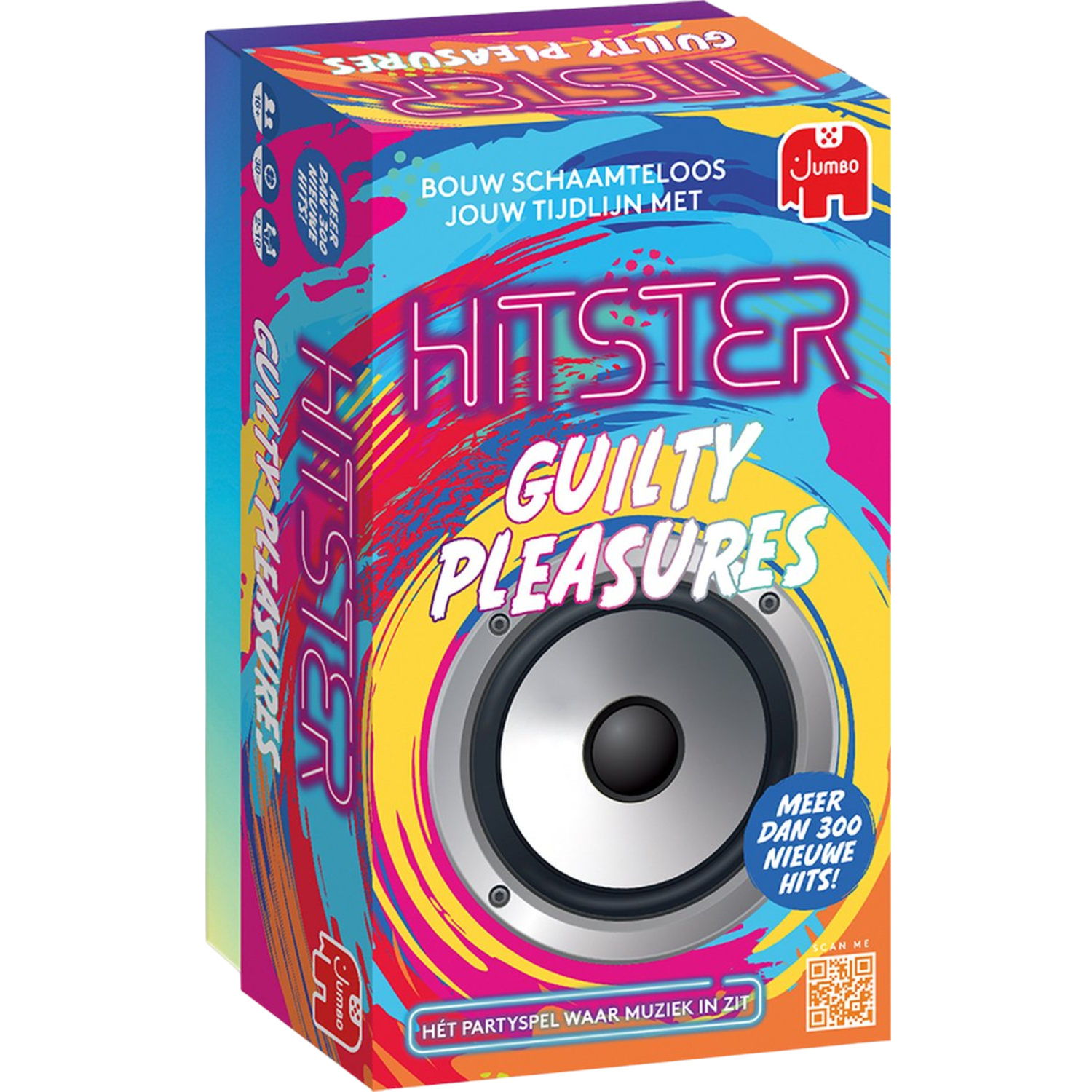 Doos van het spel 'Hitster Guilty Pleasures' met een luidsprekergrafiek, levendige kleuren en tekst.