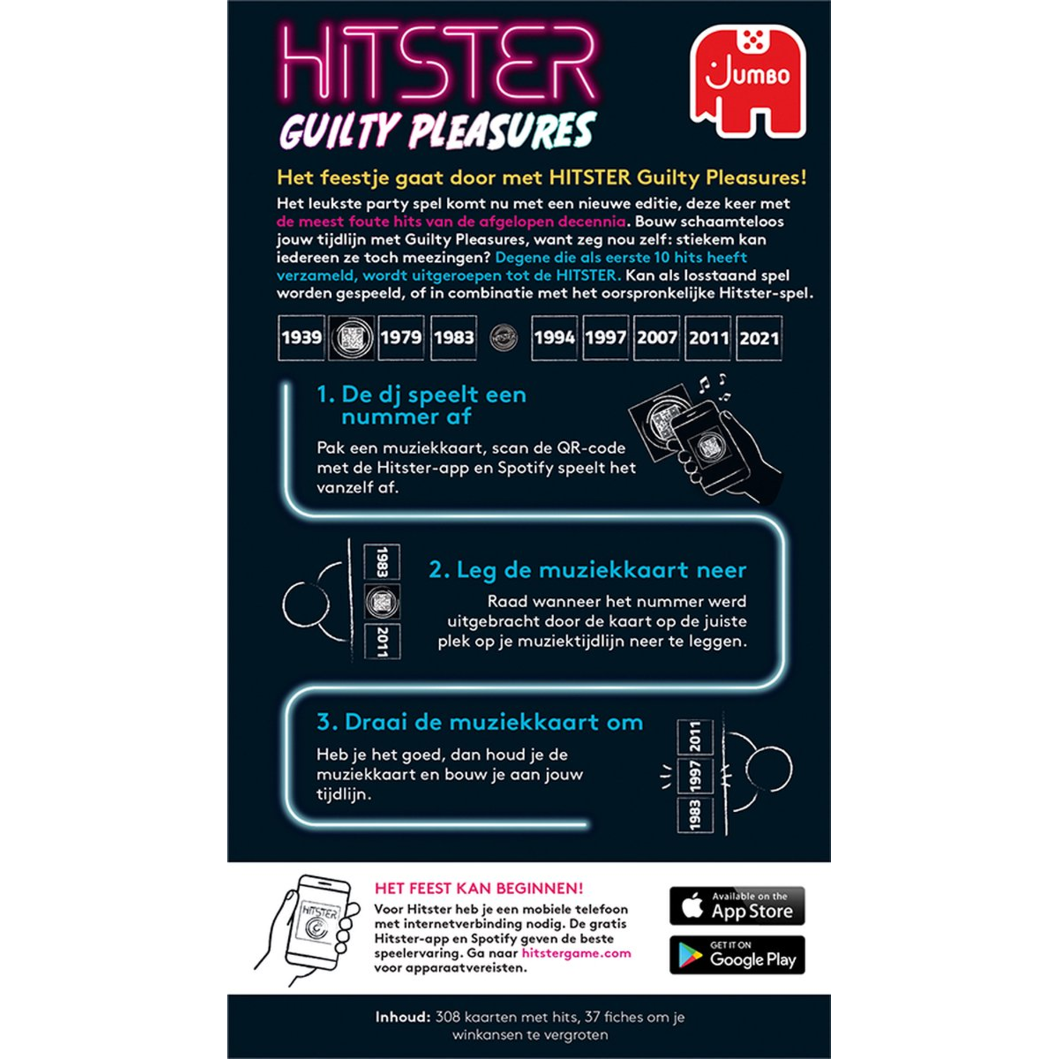 Poster voor Hitster Guilty Pleasures-spel met tekst en instructies. Bevat een Jumbo-logo en links naar de App Store.