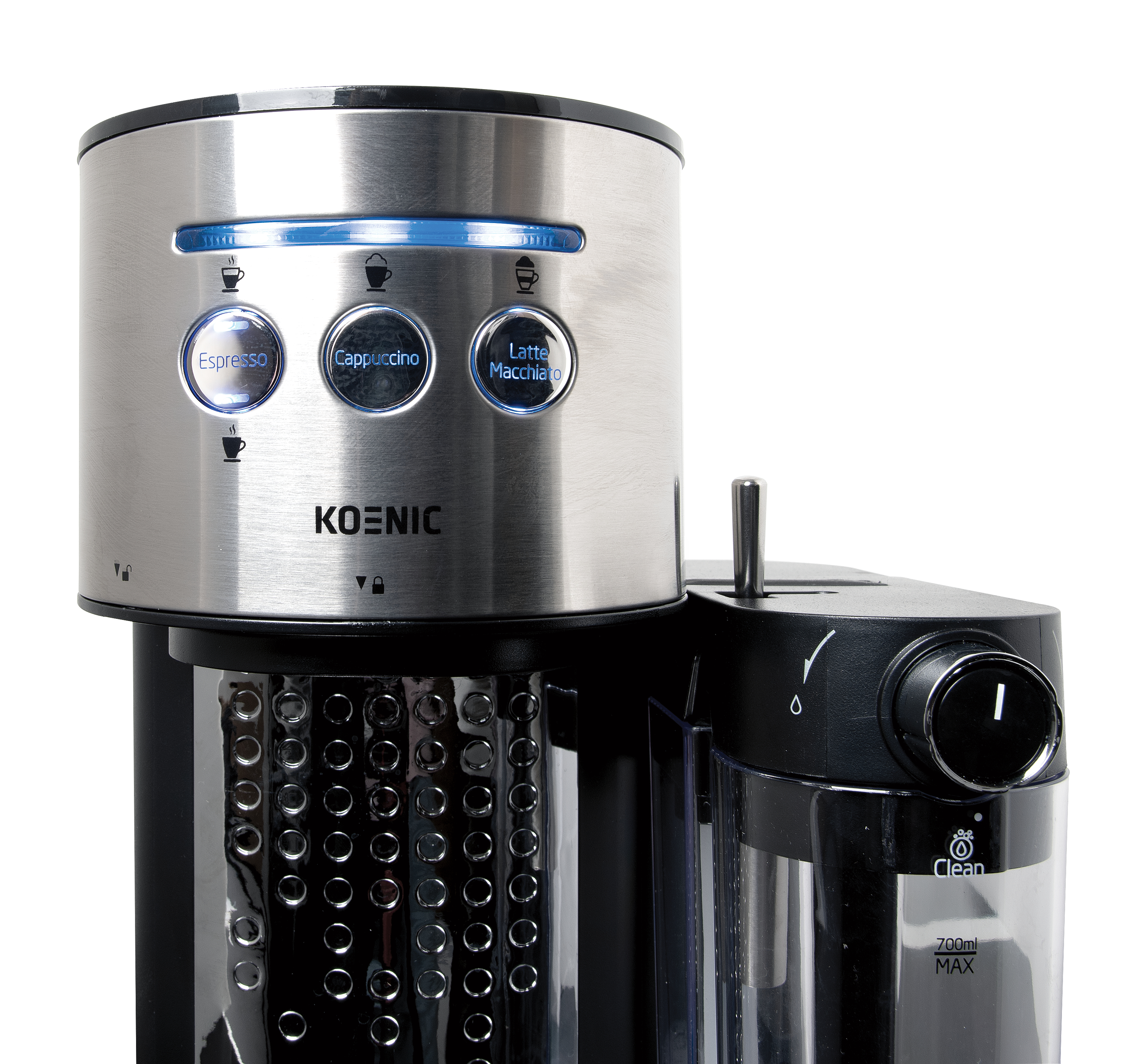 Nahaufnahme einer Koenic Kaffeemaschine, Knöpfe und transparenter Wassertank.