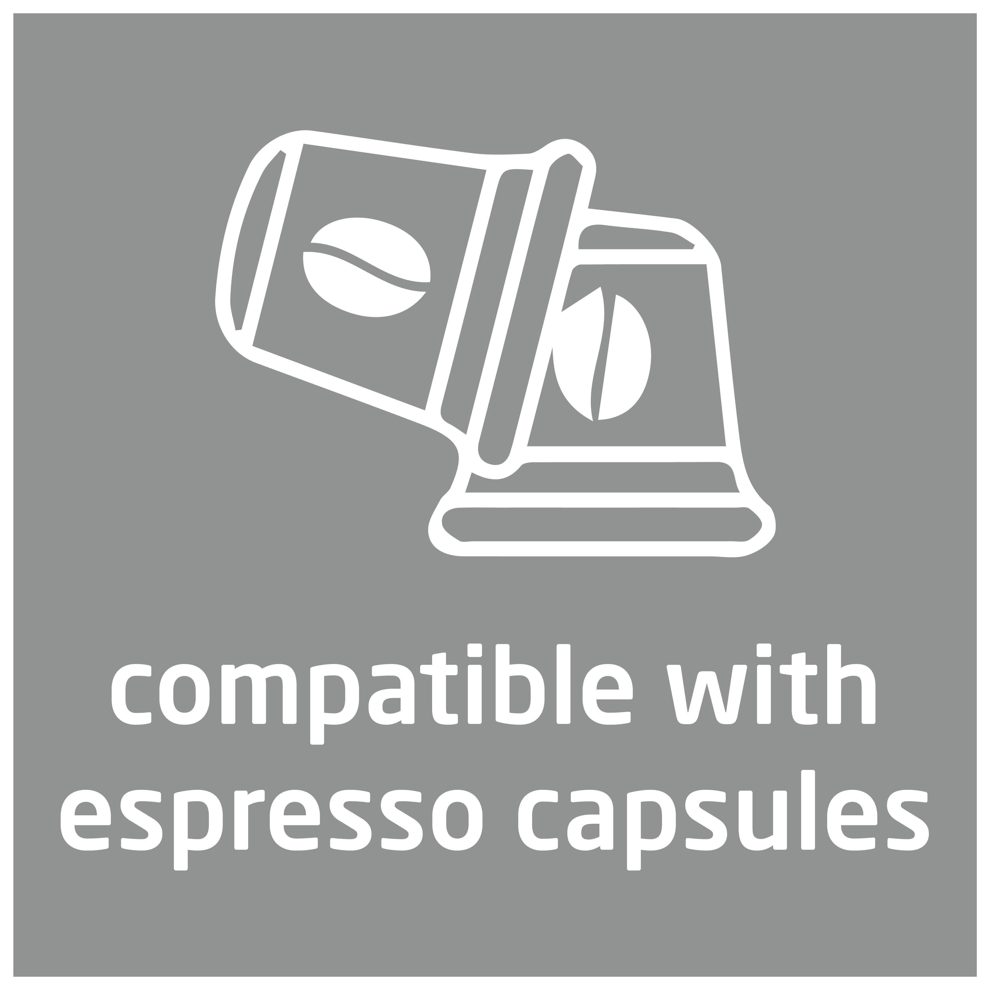 Symbol mit zwei Kaffeekapseln, Text: kompatibel mit Espresso-Kapseln.