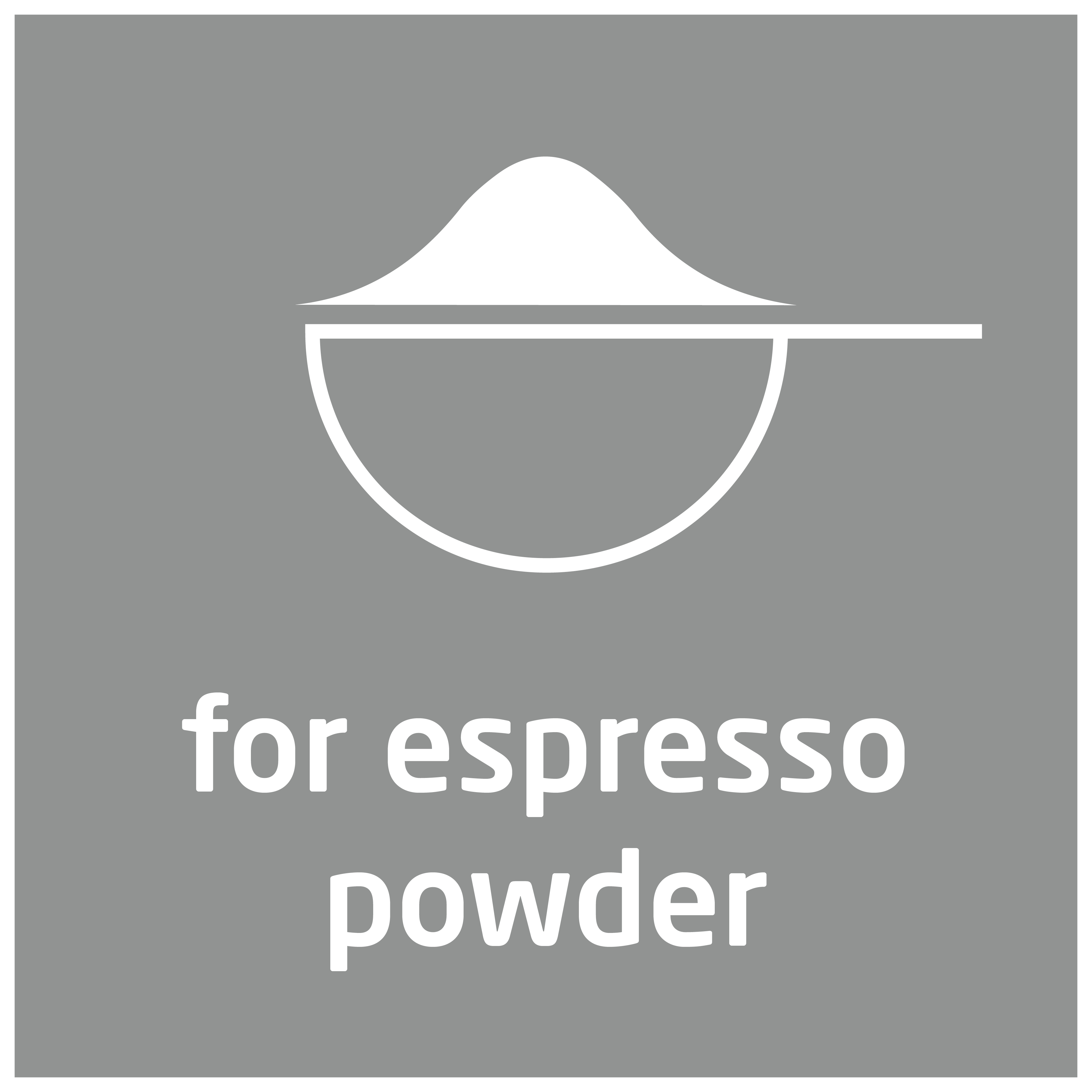 Symbol einer Schaufel mit einem Pulverhaufen, mit Text 'für Espressopulver' auf grauem Hintergrund.