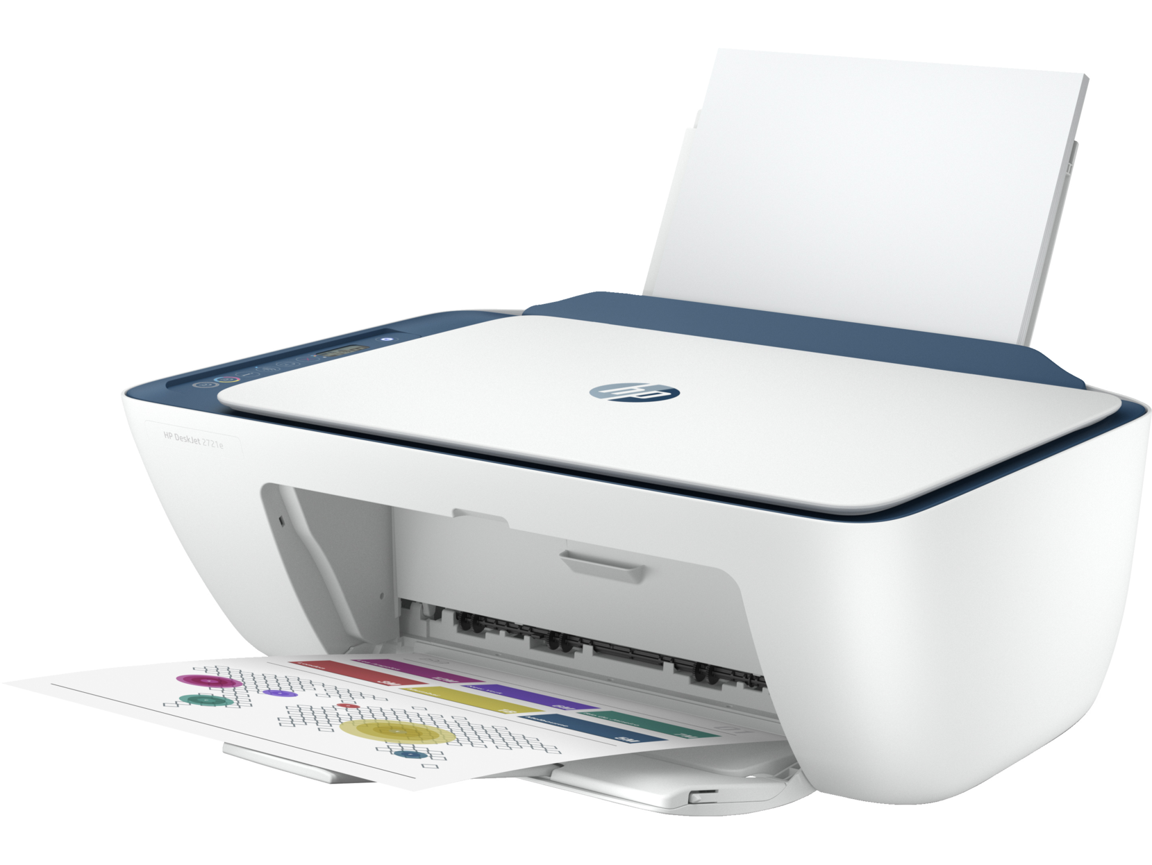 Impresora HP blanca y azul, abierta con papel colorido impreso.