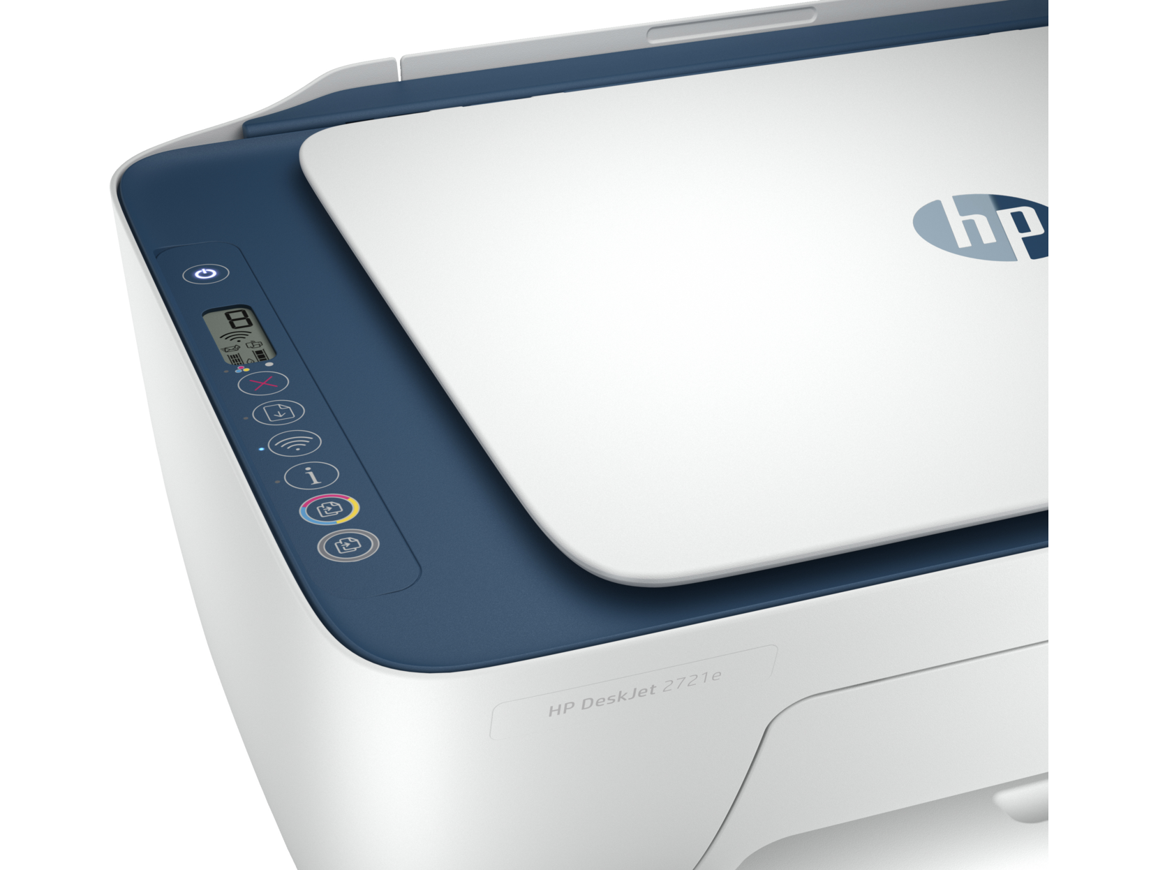 Una impresora HP DeskJet blanca y azul con botones de control. La impresora está en ángulo.