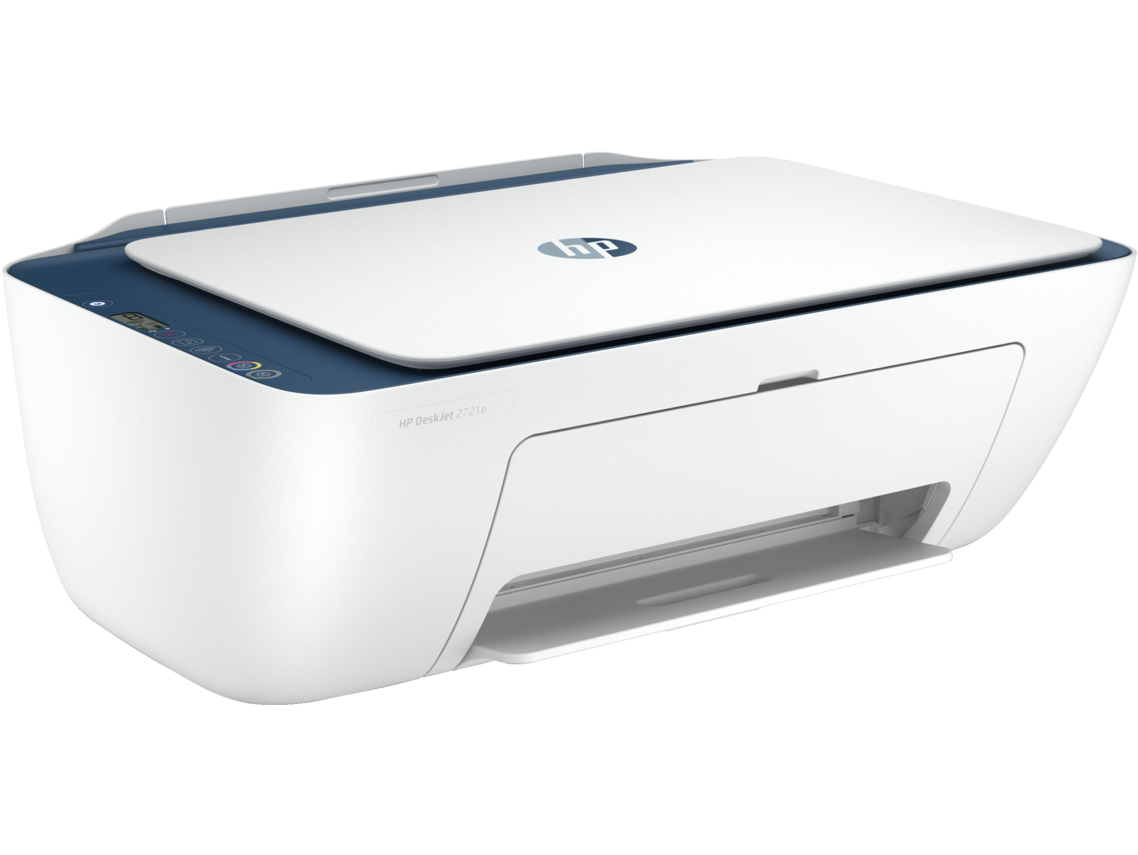 Impresora HP DeskJet 2721e blanca y azul. La impresora tiene cuerpo blanco, tapa y panel de control azules, y el logotipo de HP.