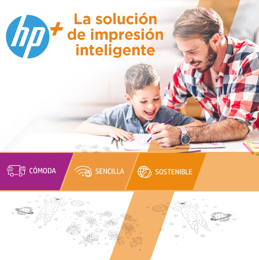 Padre e hijo dibujando juntos. Logotipo de HP y texto sobre impresión inteligente, ilustraciones coloridas.