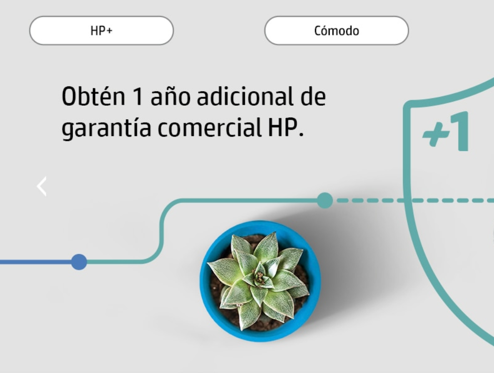 Una planta suculenta en una maceta azul, con texto sobre la garantía de HP.