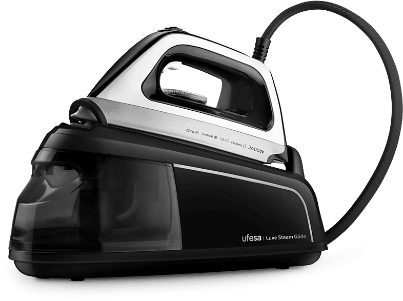 Centro de planchado - Ufesa Luxe Steam Glide, 2400W, 220 gr/min, 5.5 bar, Suela Cerámica, Negro