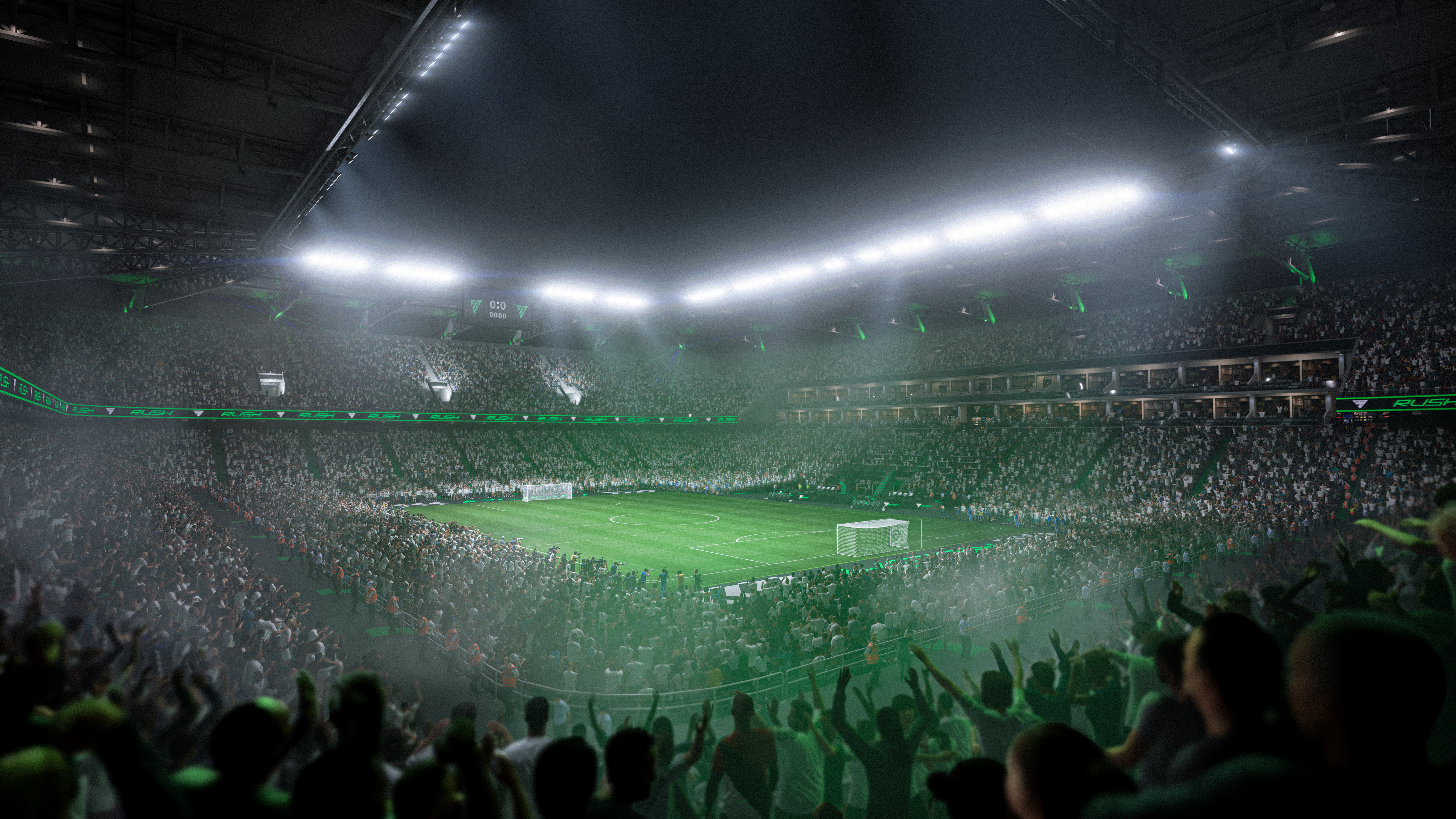 Ein grün beleuchtetes Fußballstadion von oben mit Zuschauern und einem Fußballfeld.