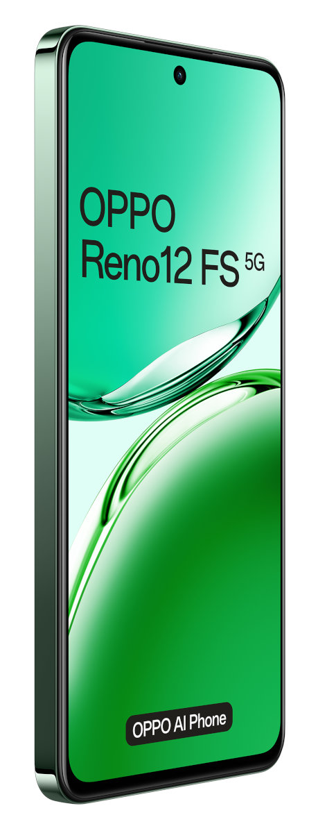 Zielony telefon Oppo oglądany z boku, wyświetlający ekran.