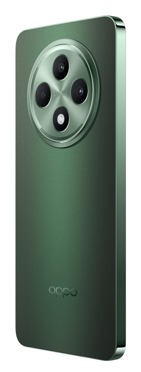 Zielony tył telefonu z okrągłym modułem aparatu. Ma logo oppo. Powierzchnia jest gładka.