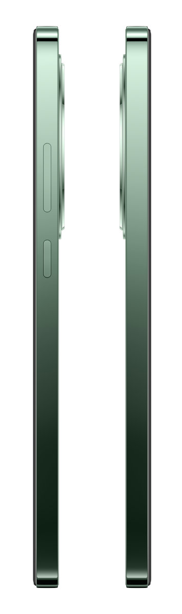 Dwa zielone telefony obok siebie, pokazujące profil boczny z aparatem i przyciskami.