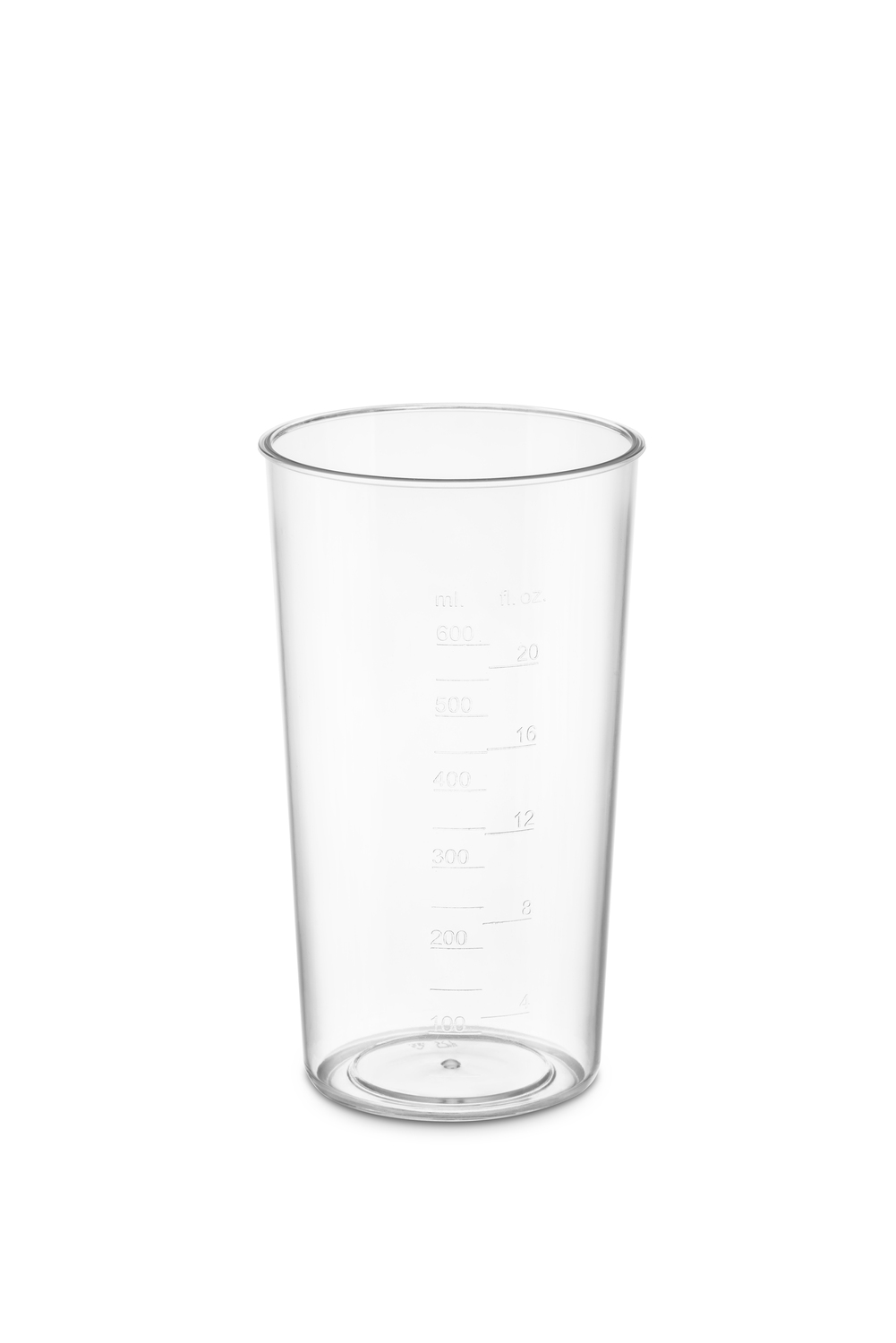 Una taza medidora de plástico transparente, con marcas de ml y fl oz.