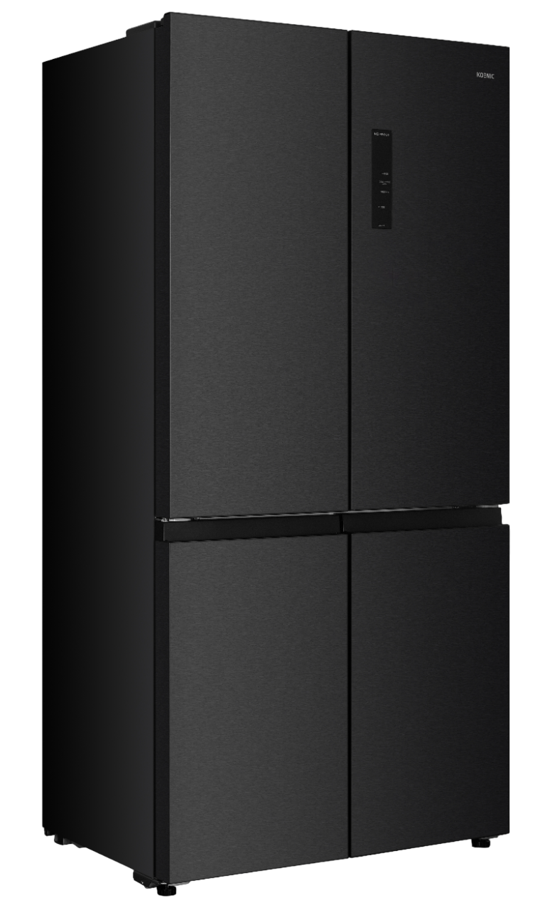 Ein schwarzer Kühlschrank mit vier Türen, vor schwarzem Hintergrund.
