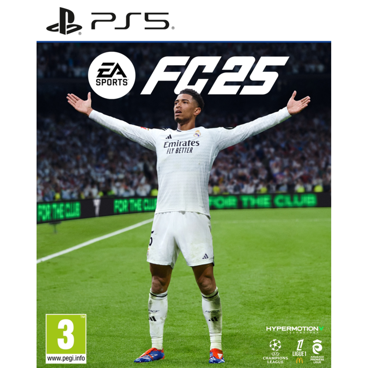 Een voetballer in een wit shirt met wijd open armen. De cover van de EA Sports FC25 game. Groene achtergrond.