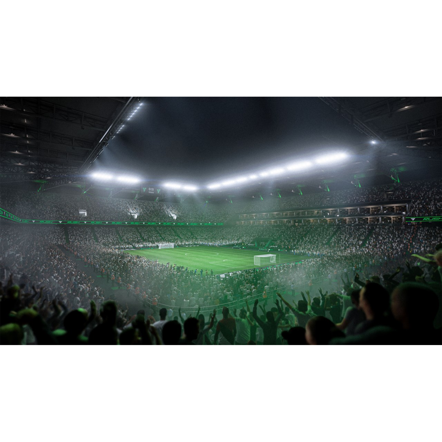 Een groothoekopname van een stadion vol mensen. Het veld is groen, verlicht door heldere lichten.