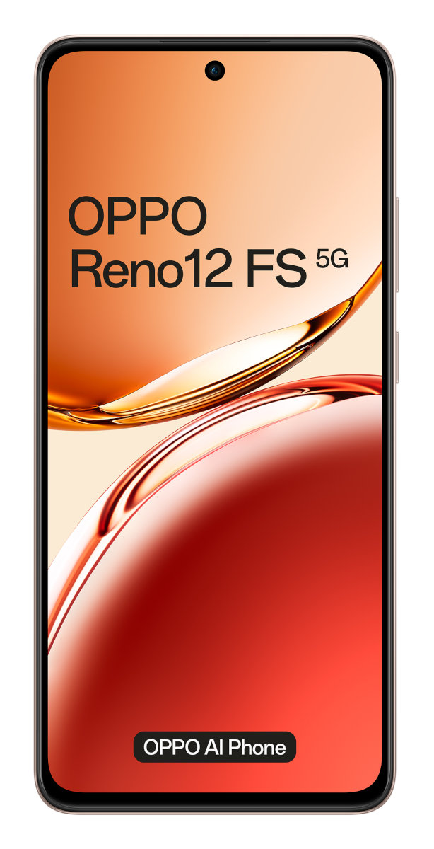 Telefon OPPO Reno12 FS 5G, pomarańczowy ekran gradientowy z nazwą telefonu.