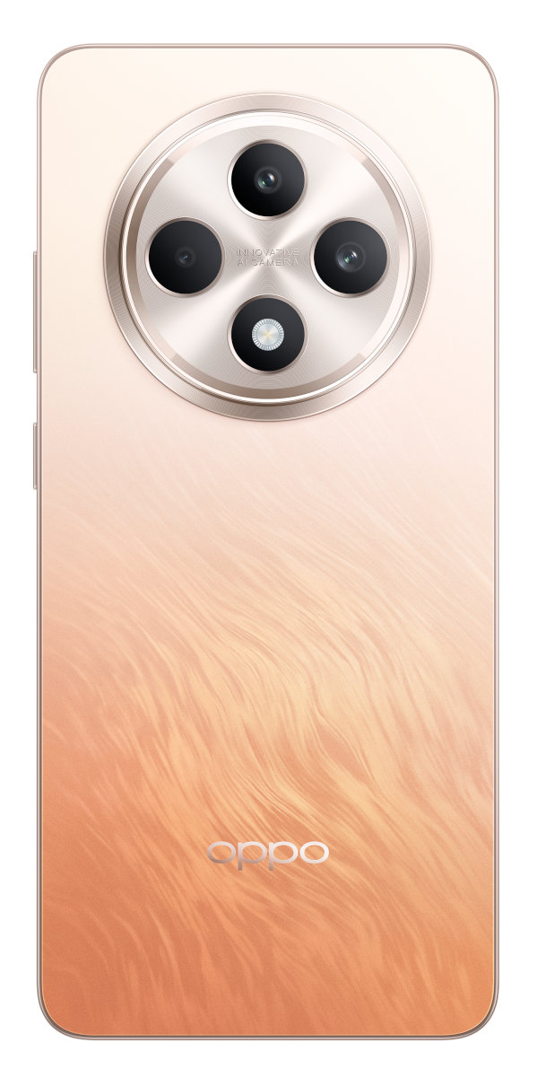 Tył telefonu z zestawem aparatów i gradientem kolorów. Logo Oppo na dole. Telefon jest różowy.