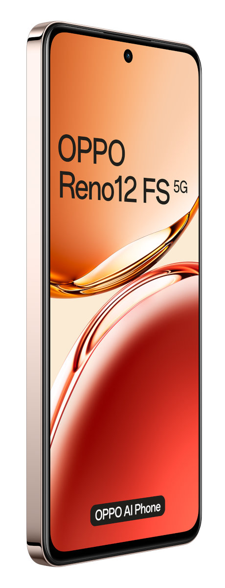 Smartfon, złota ramka, pomarańczowo-czerwony gradientowy wyświetlacz, czarny aparat punktowy, białe tło.