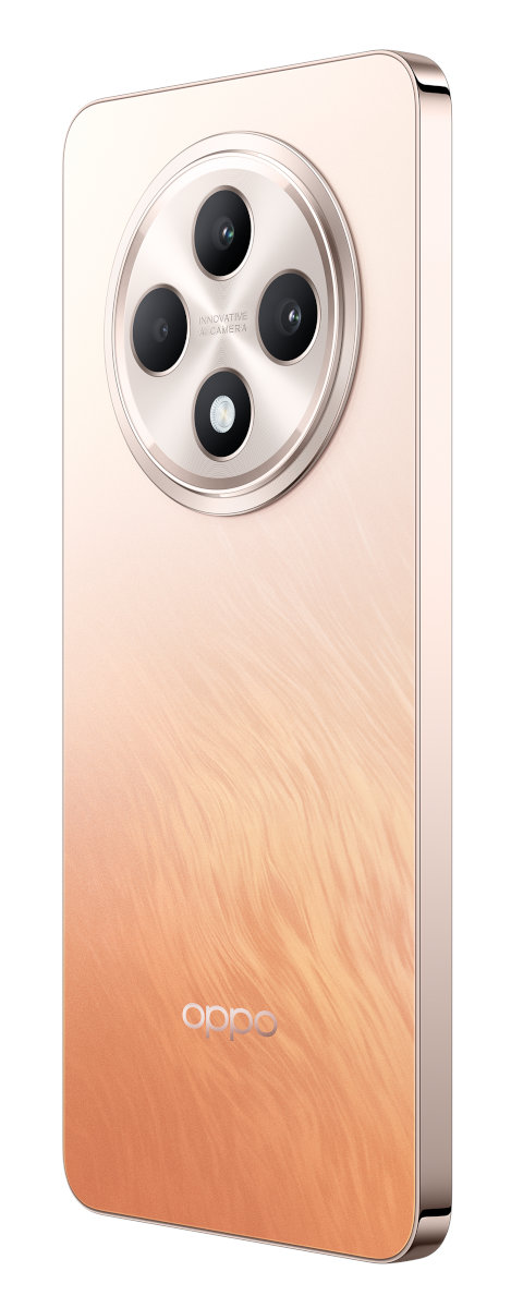 Złoty gradientowy telefon z dużym układem kamer z tyłu. Widoczne logo Oppo.