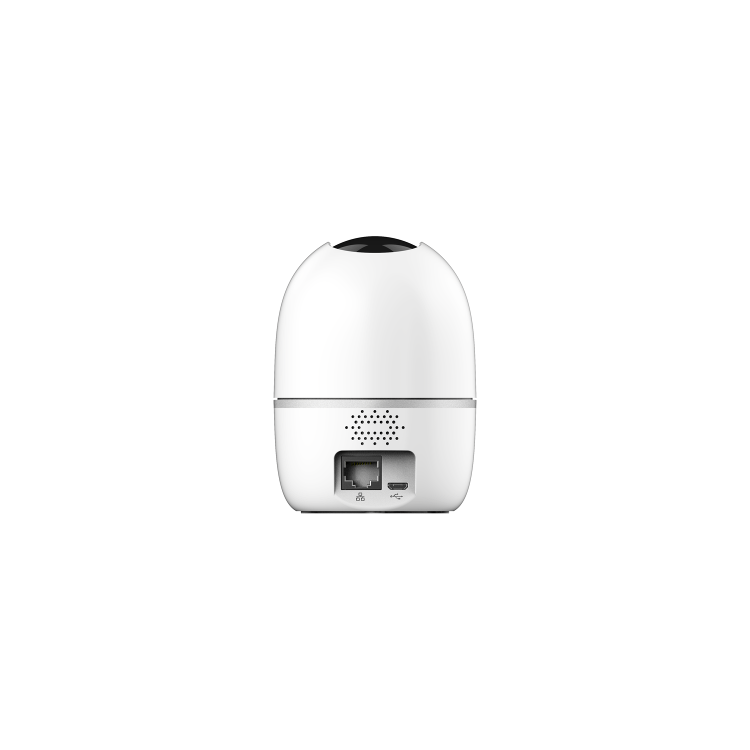 White security camera with a black top, showing ports and a speaker grille.