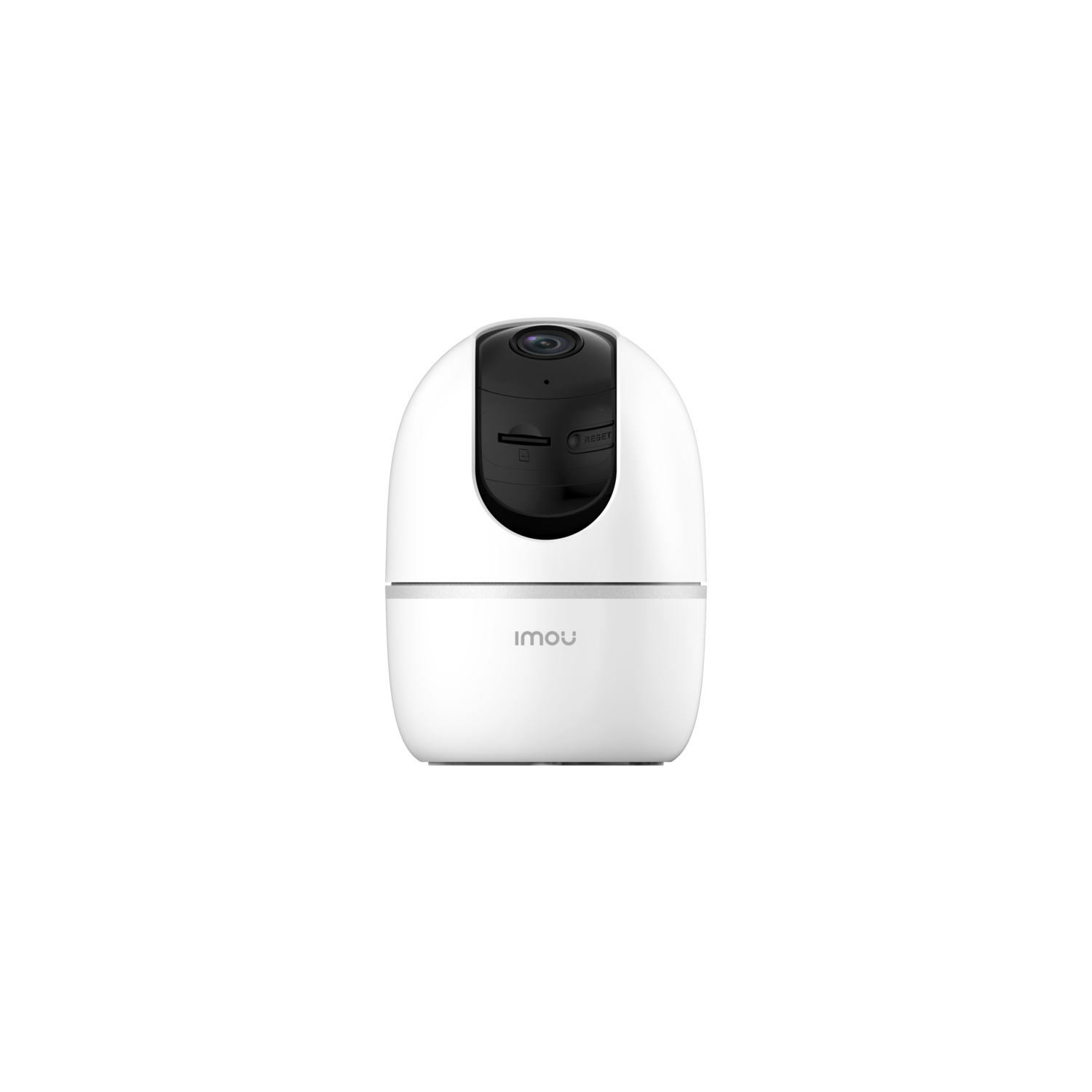 White security camera with a black lens and base. It is on a black background.