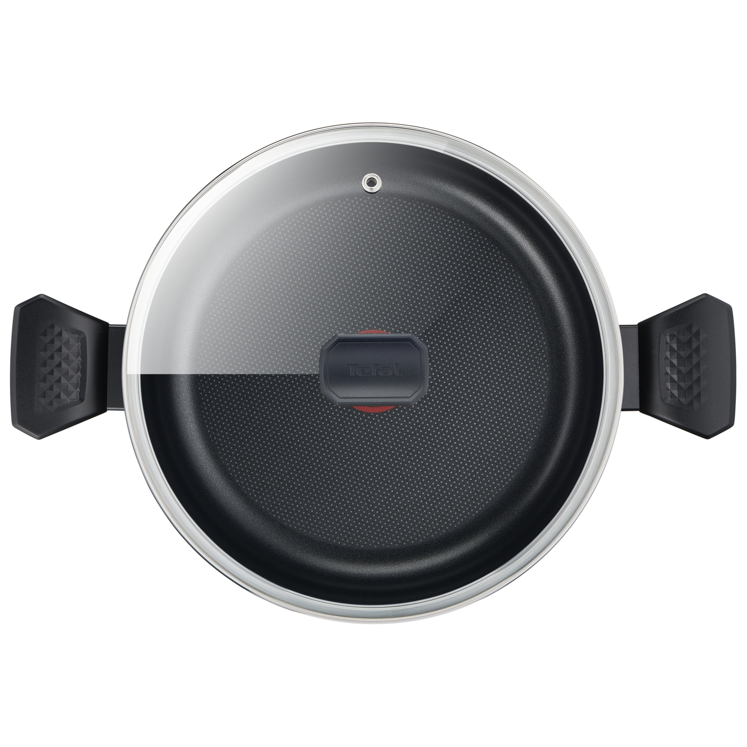 Overhead shot of a black frying pan with a transparent lid. Handles on the sides.