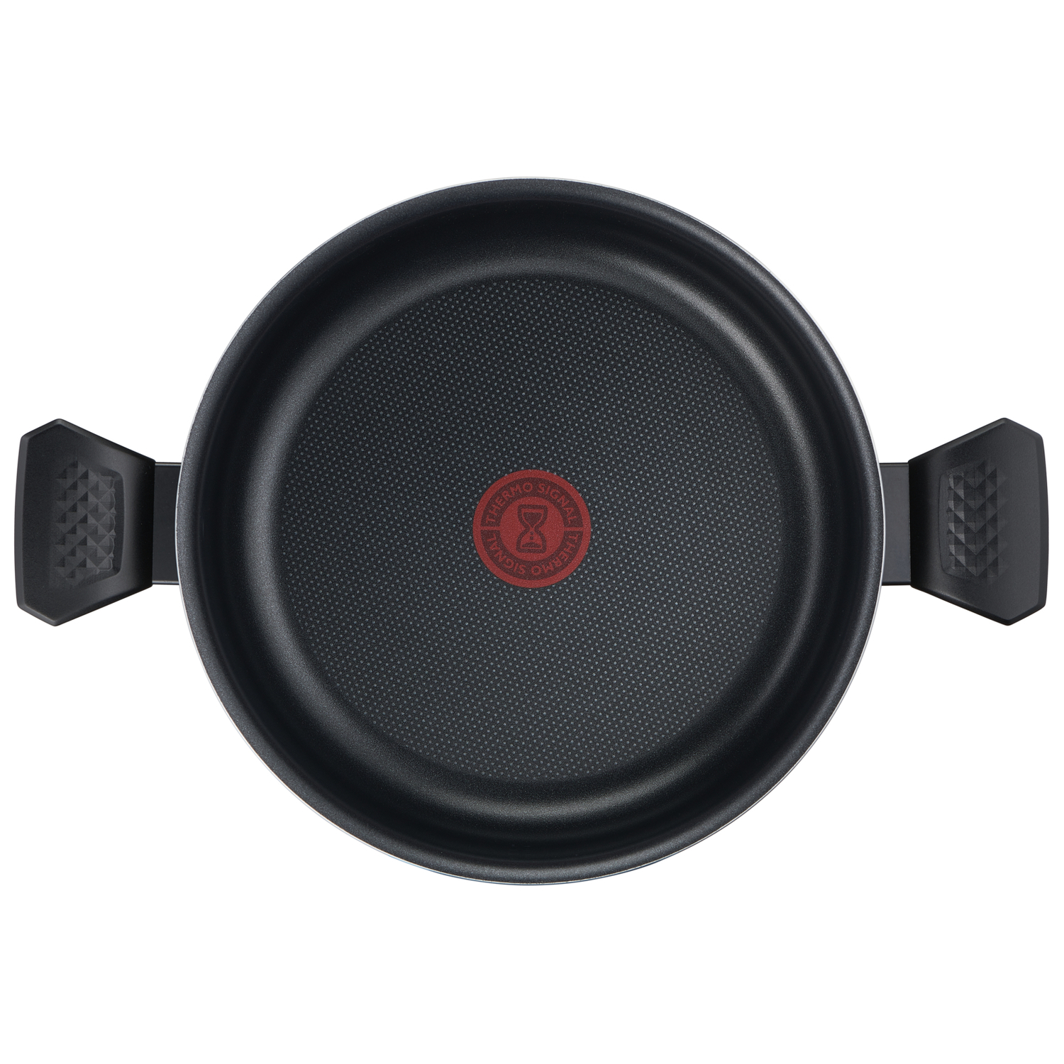 Top-down view of a black T-fal frying pan with two handles.