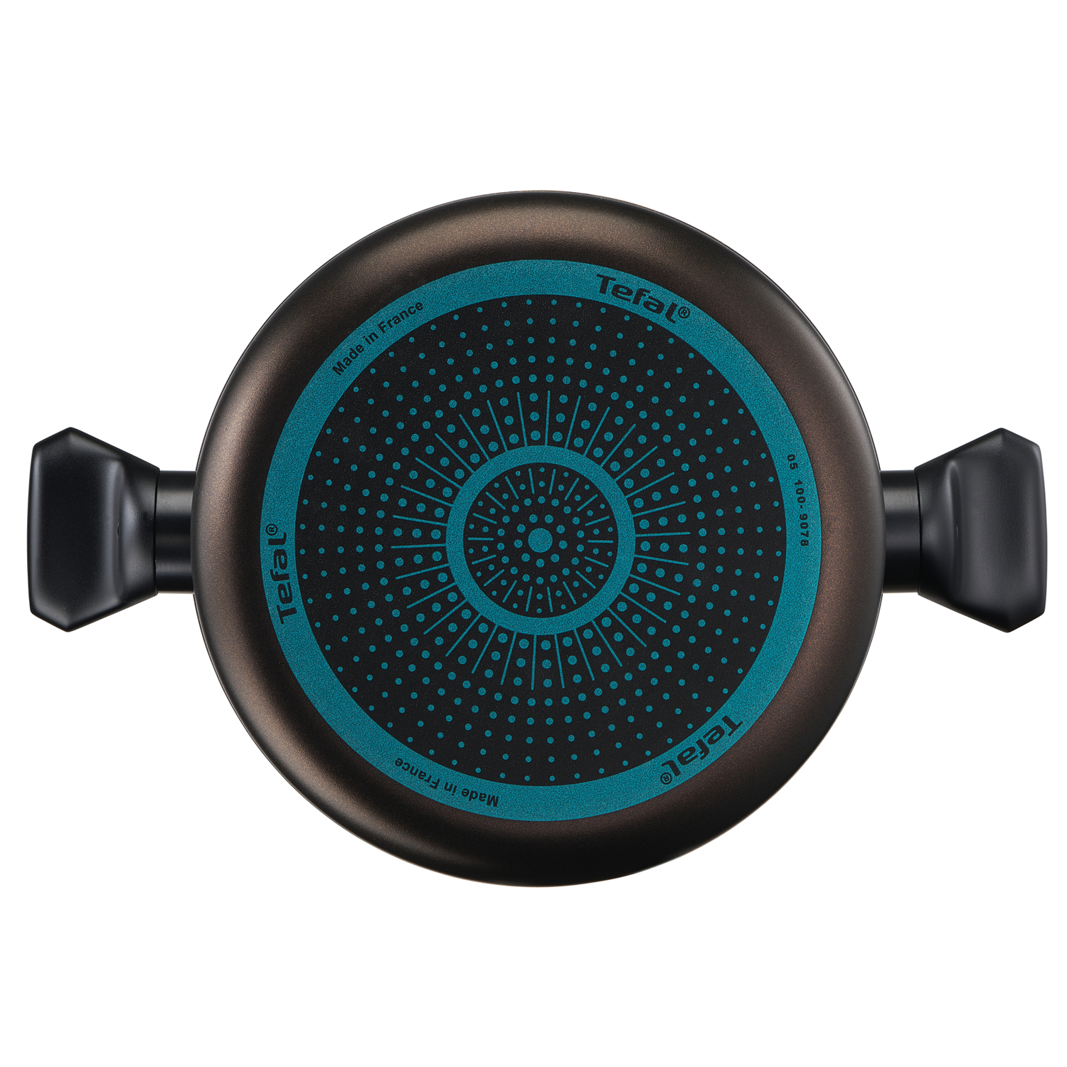 Bottom of a Tefal pan. It is brown with a blue and black circular design. Black handles.