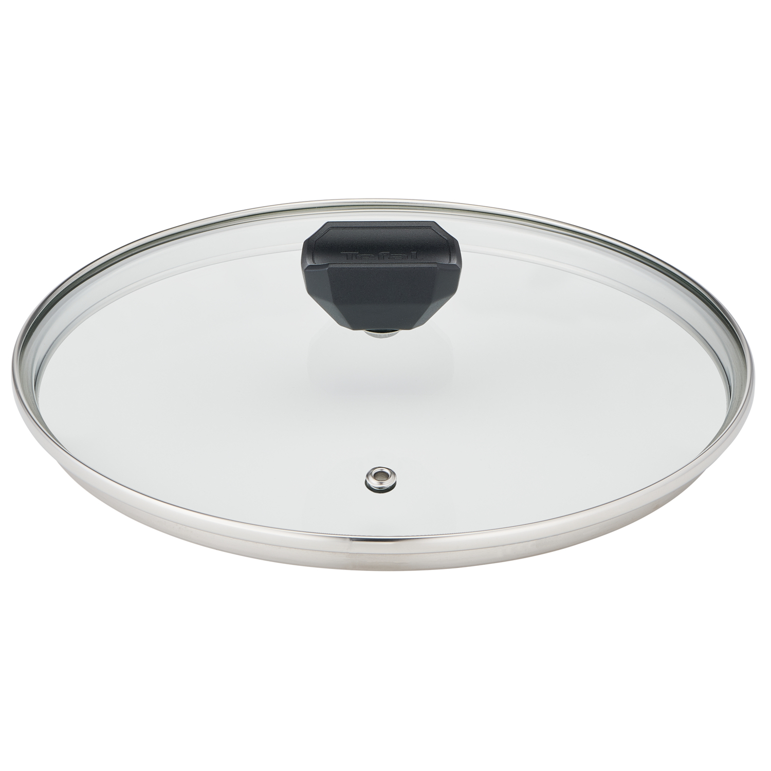 A clear glass lid with a stainless steel rim and a black handle.