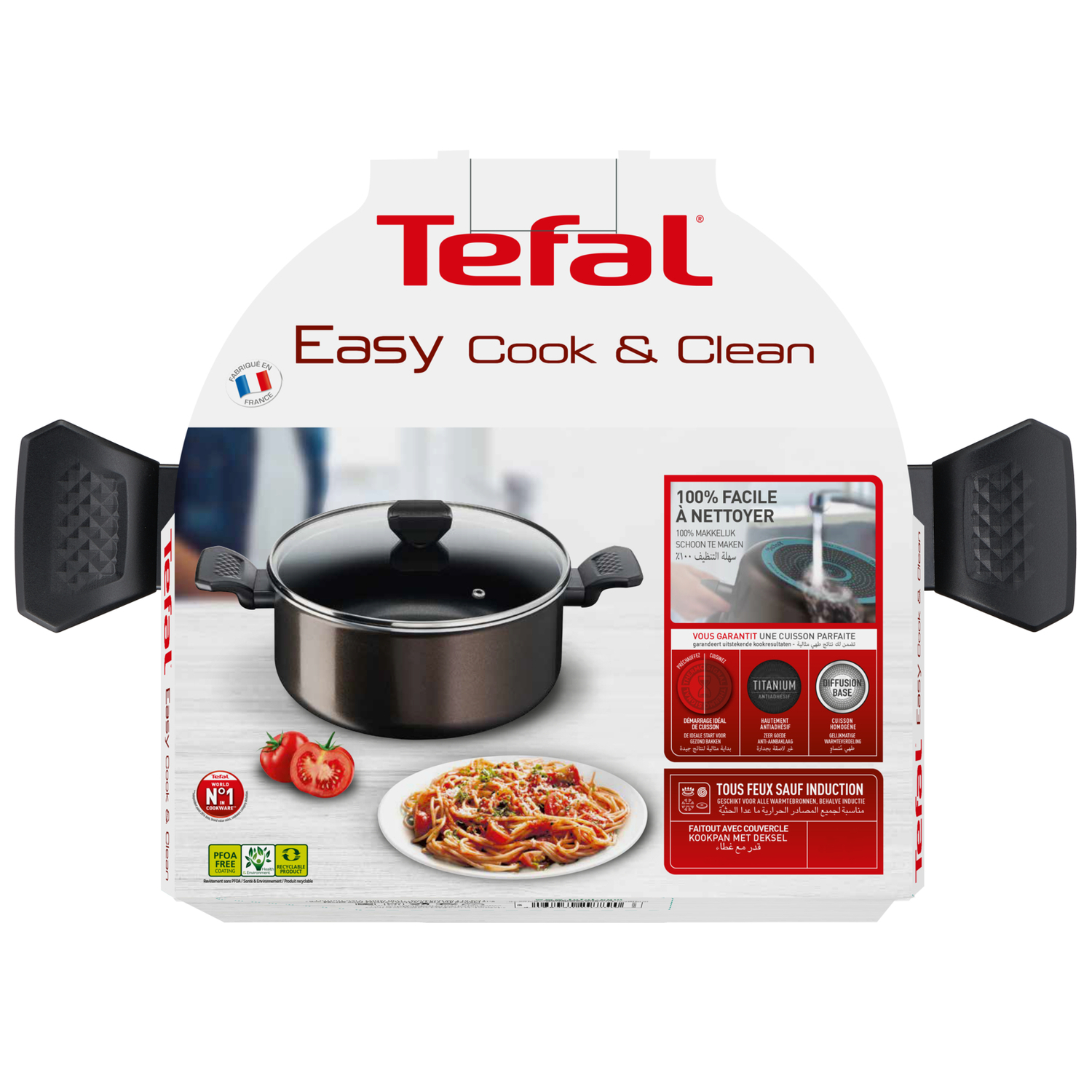 Tefal Easy Cook & Clean pan packaging. Shows the pan, tomatoes, and spaghetti. Text and logos are visible.