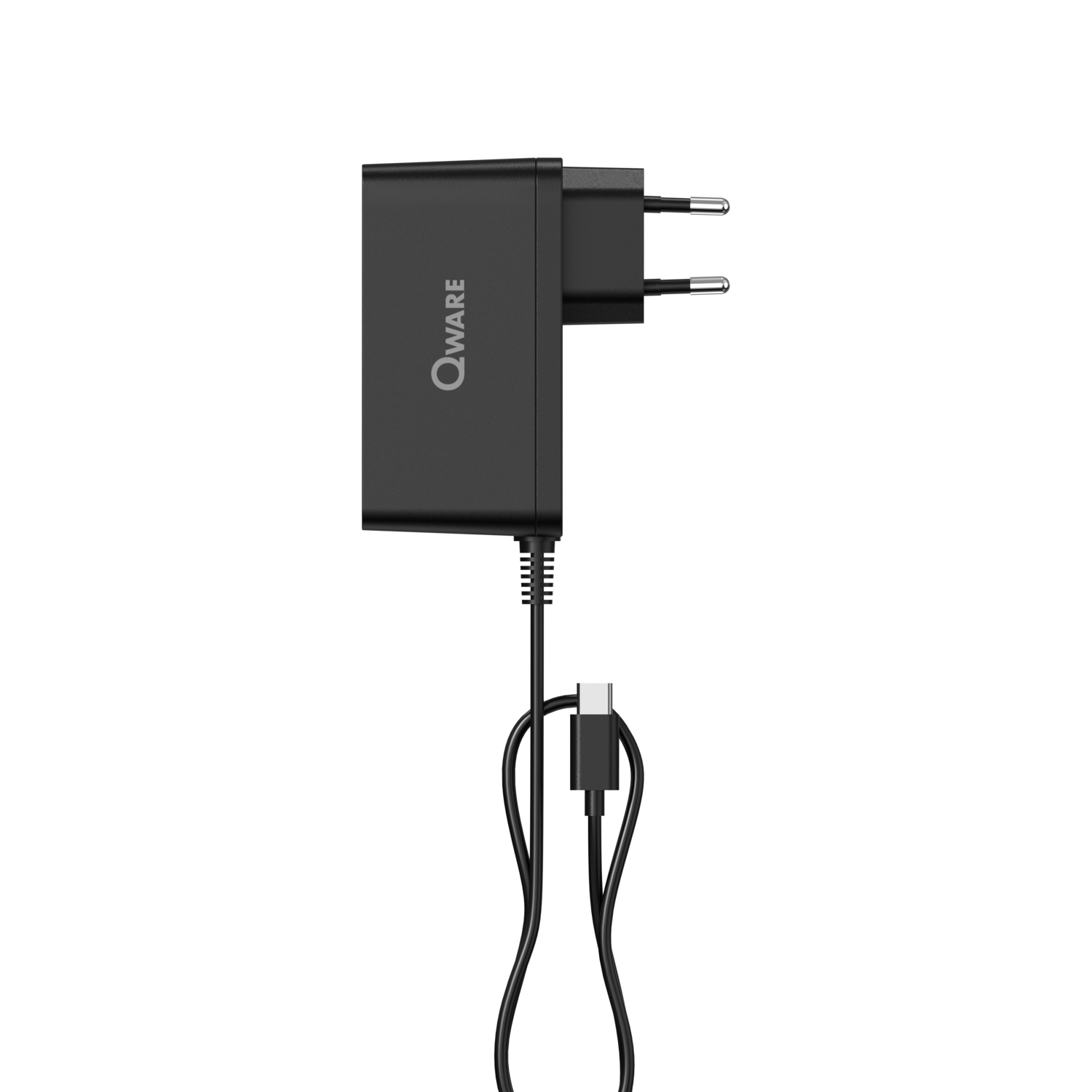 A black Qware charger with a USB-C cable and a plug.